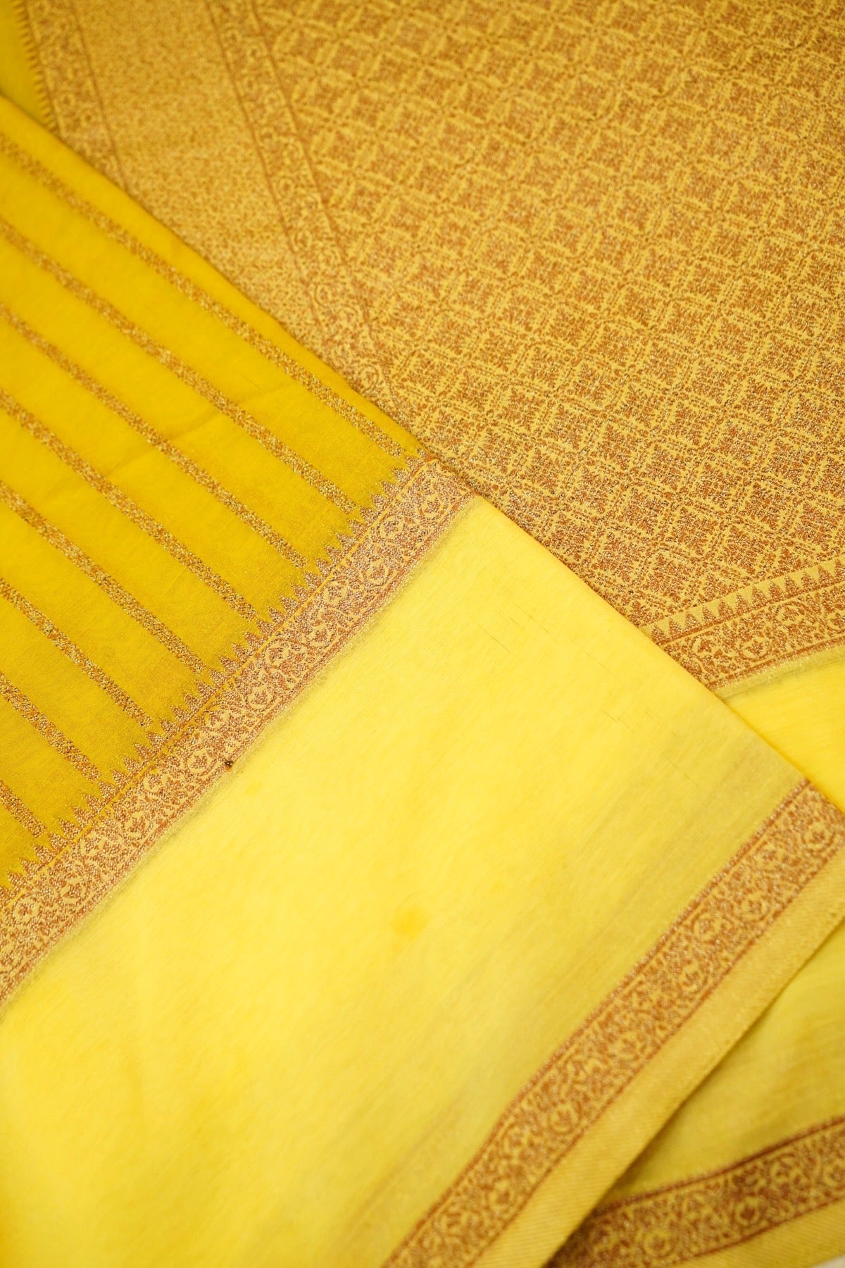 Regal Stripes Chinon Silk Saree with Stitched Blouse in Mustard Yellow