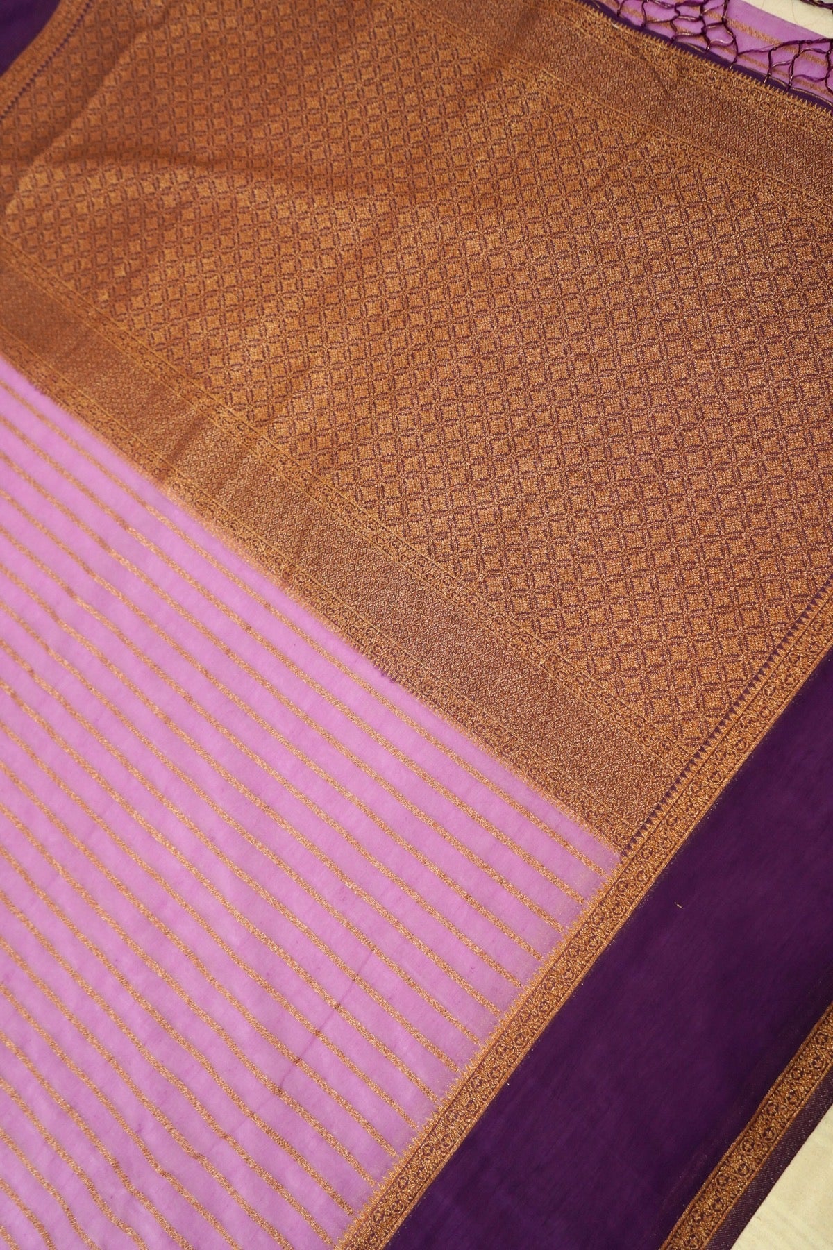 Regal Stripes Chinon Silk Saree with Stitched Blouse in Lavender