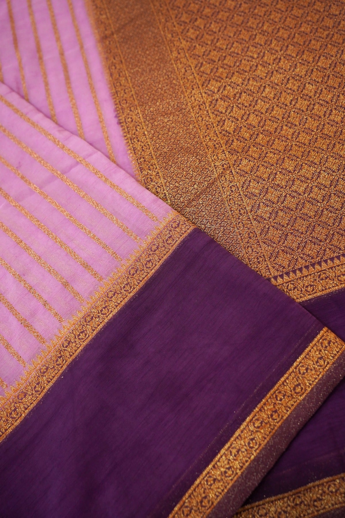 Regal Stripes Chinon Silk Saree with Stitched Blouse in Lavender
