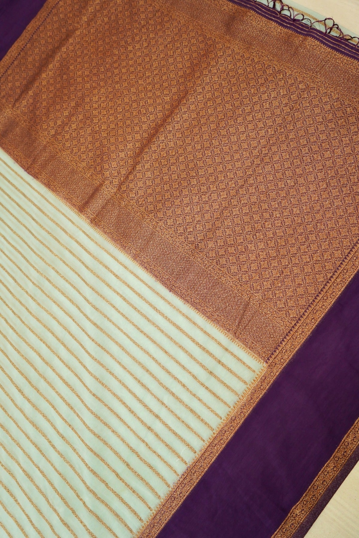 Regal Stripes Chinon Silk Saree with Stitched Blouse in Mint Green