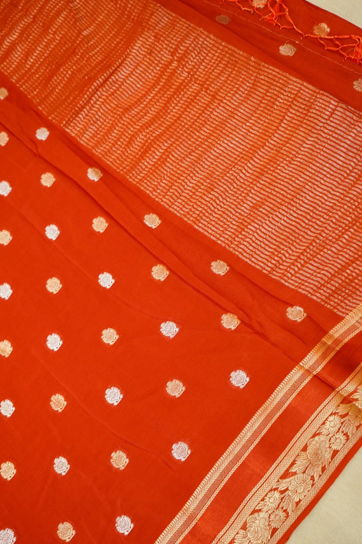 Burnt Orange Floral Zari Chiffon Saree with Stitched Blouse