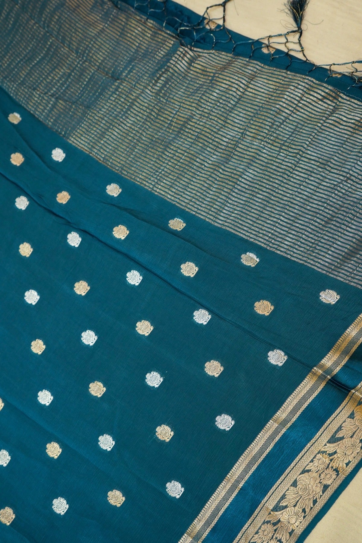 Teal Blue Floral Zari Chiffon Saree with Stitched Blouse
