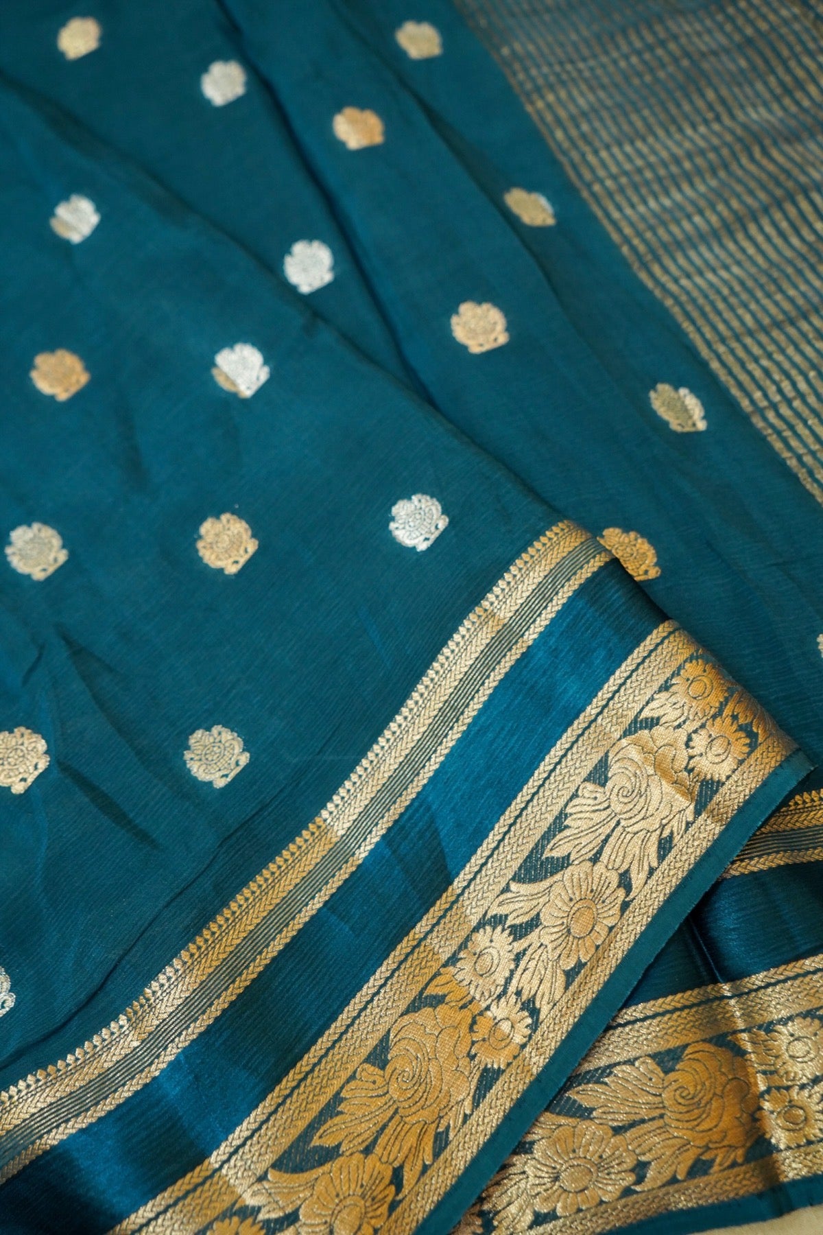 Teal Blue Floral Zari Chiffon Saree with Stitched Blouse