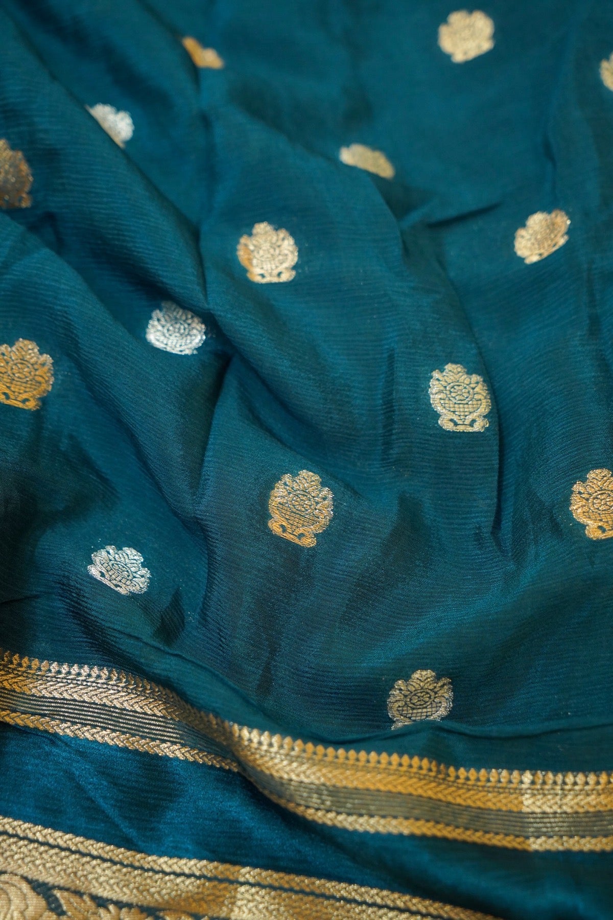 Teal Blue Floral Zari Chiffon Saree with Stitched Blouse