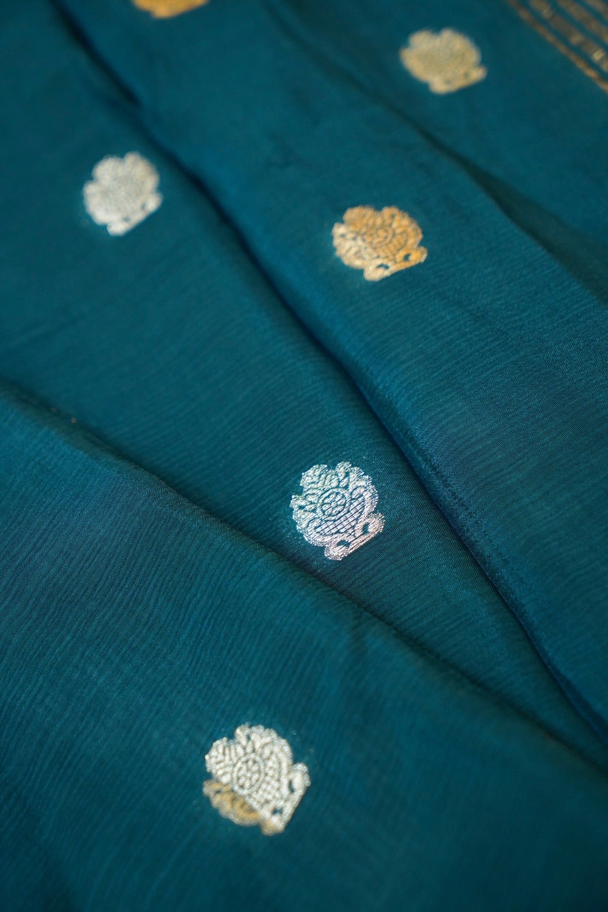 Teal Blue Floral Zari Chiffon Saree with Stitched Blouse