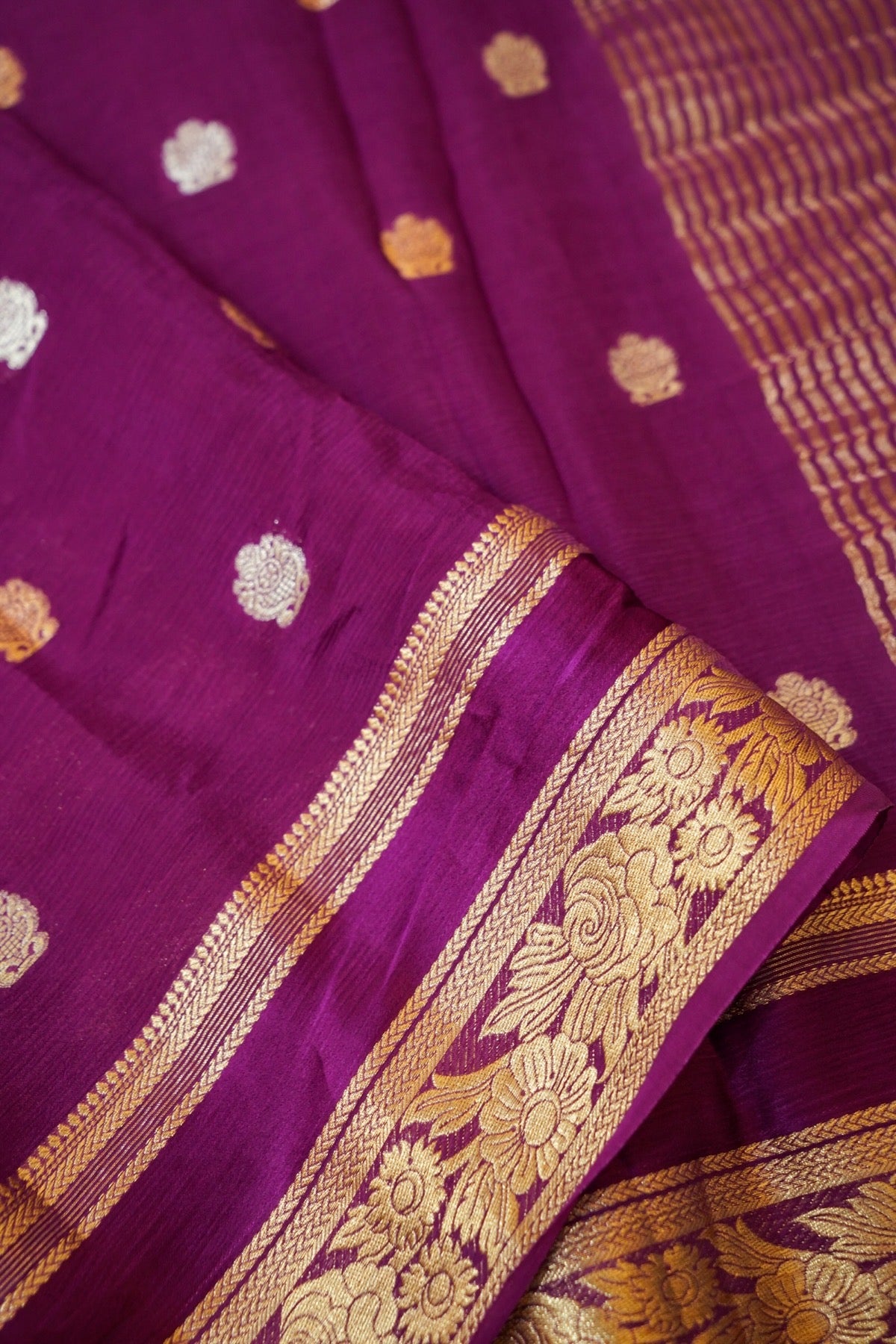Royal Purple Floral Zari Chiffon Saree with Stitched Blouse