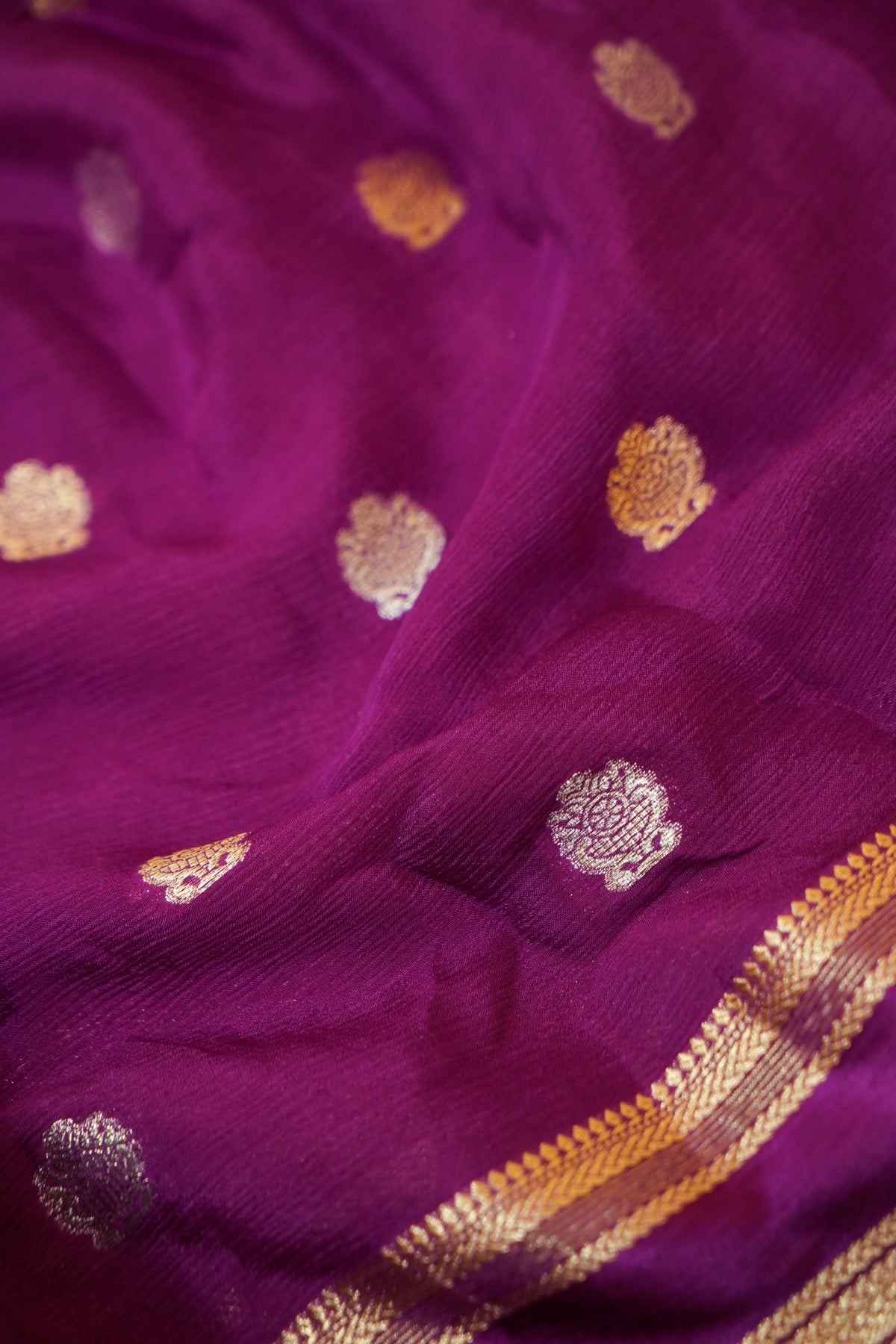 Royal Purple Floral Zari Chiffon Saree with Stitched Blouse