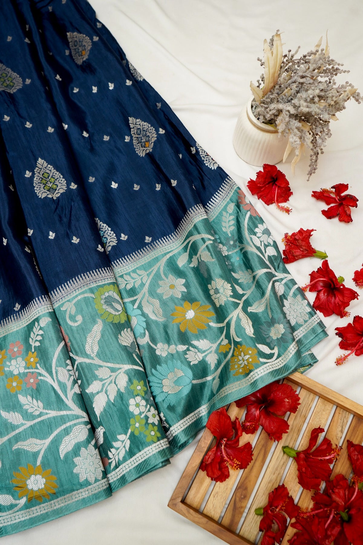 Navy Blue Raw Silk Saree with Floral Teal Green Border