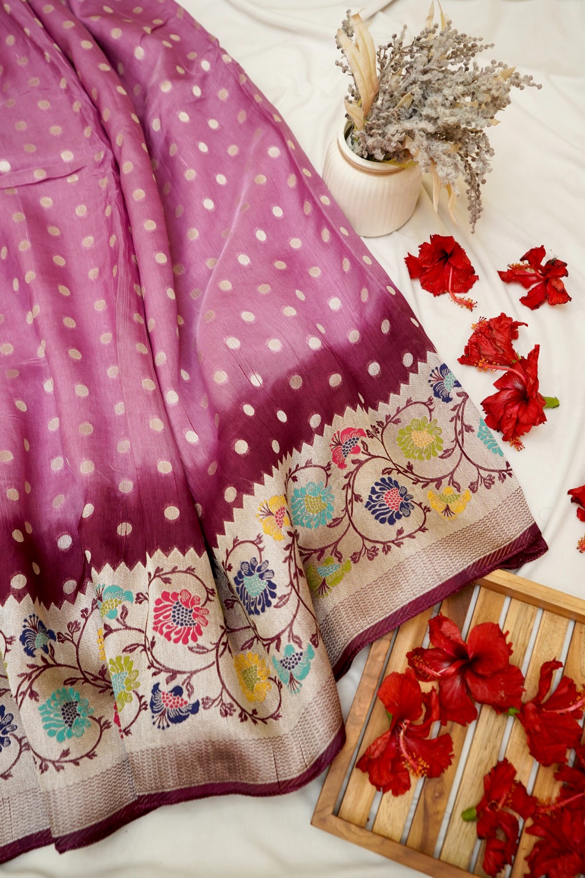 Mauve Pink Raw Silk Polka Dot Saree with Floral Border