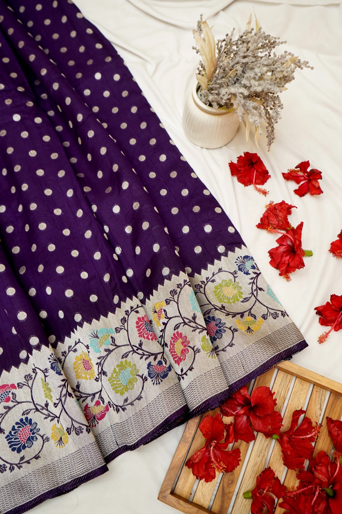 Deep Purple Raw Silk Polka Dot Saree with Floral Border
