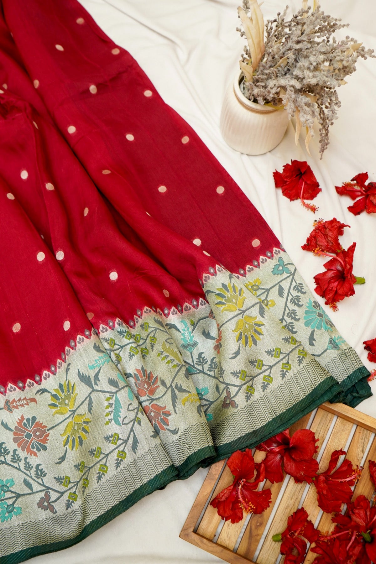 Crimson Red Raw Silk Polka Dot Saree with Green Geometric Floral Border