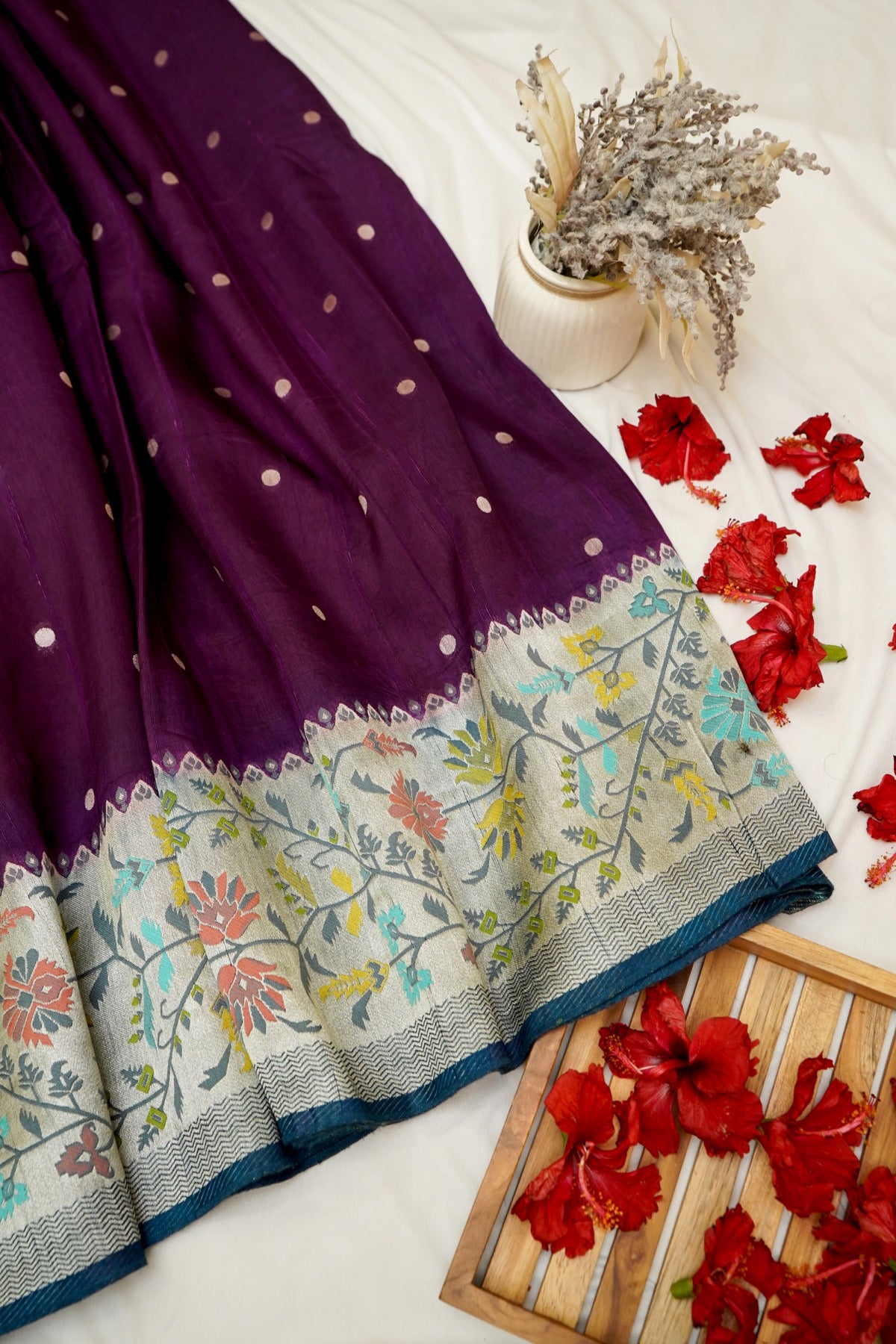 Plum Purple Raw Silk Polka Dot Saree with Steel Blue Geometric Floral Border