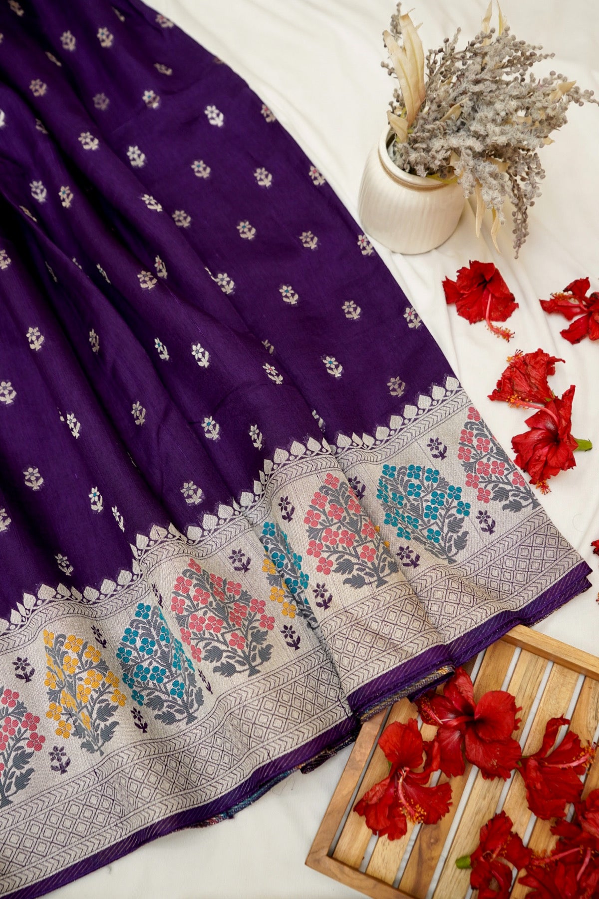 Royal Purple Raw Silk Saree with Multicolor Tree Weave Border