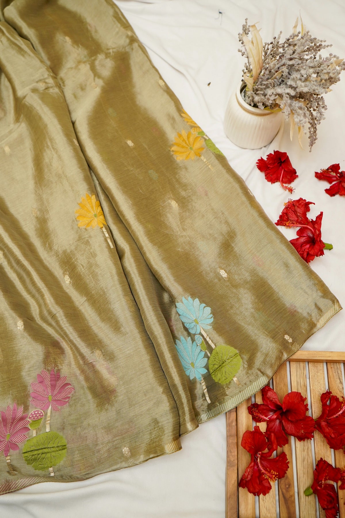 Olive Gold Floral Weave Chinon Silk Saree with Stitched Blouse