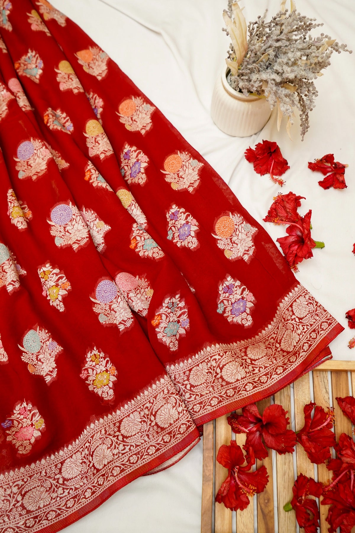 Classic Red Chinon Silk Saree with Multicolor Floral Border and Stitched Blouse
