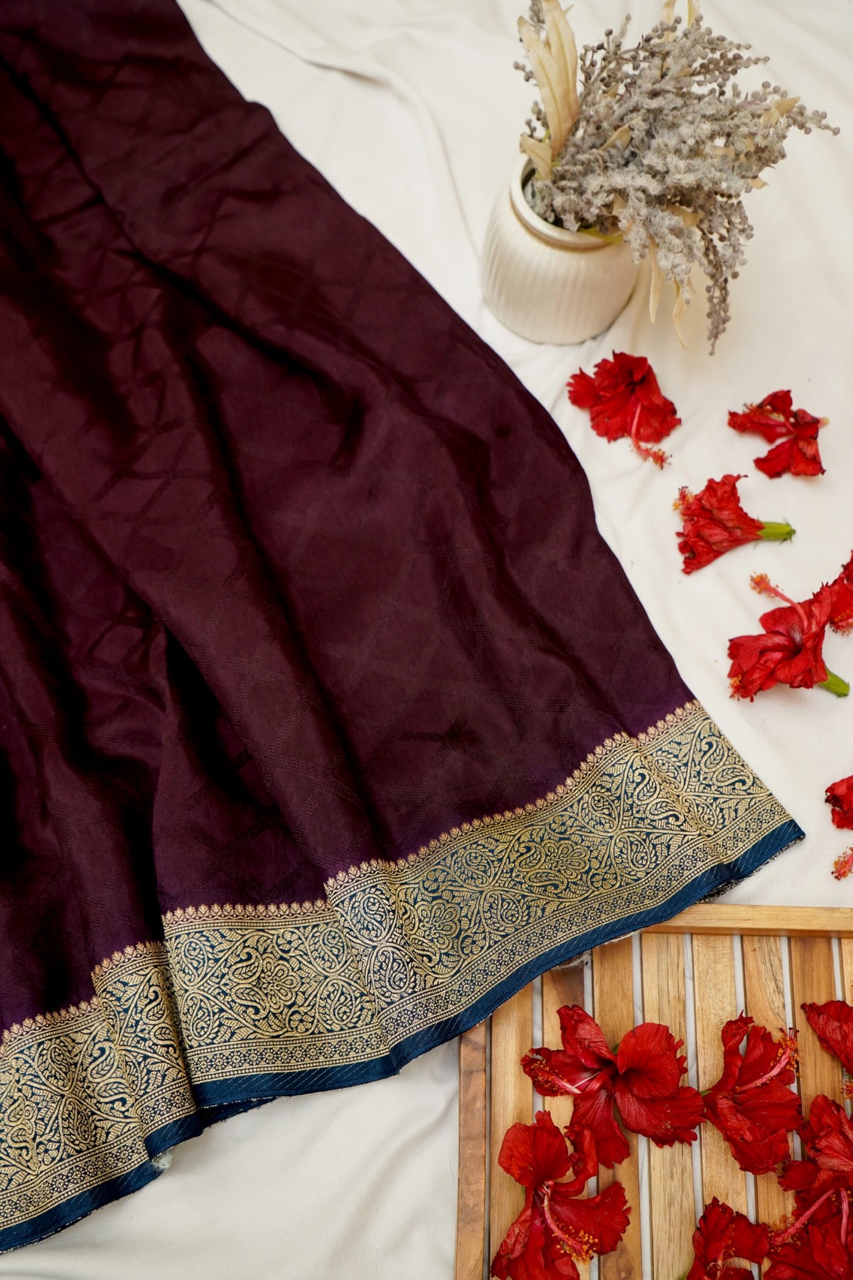 Wine Purple Banarasi Dola Silk Saree with Gold Border and Stitched Blouse