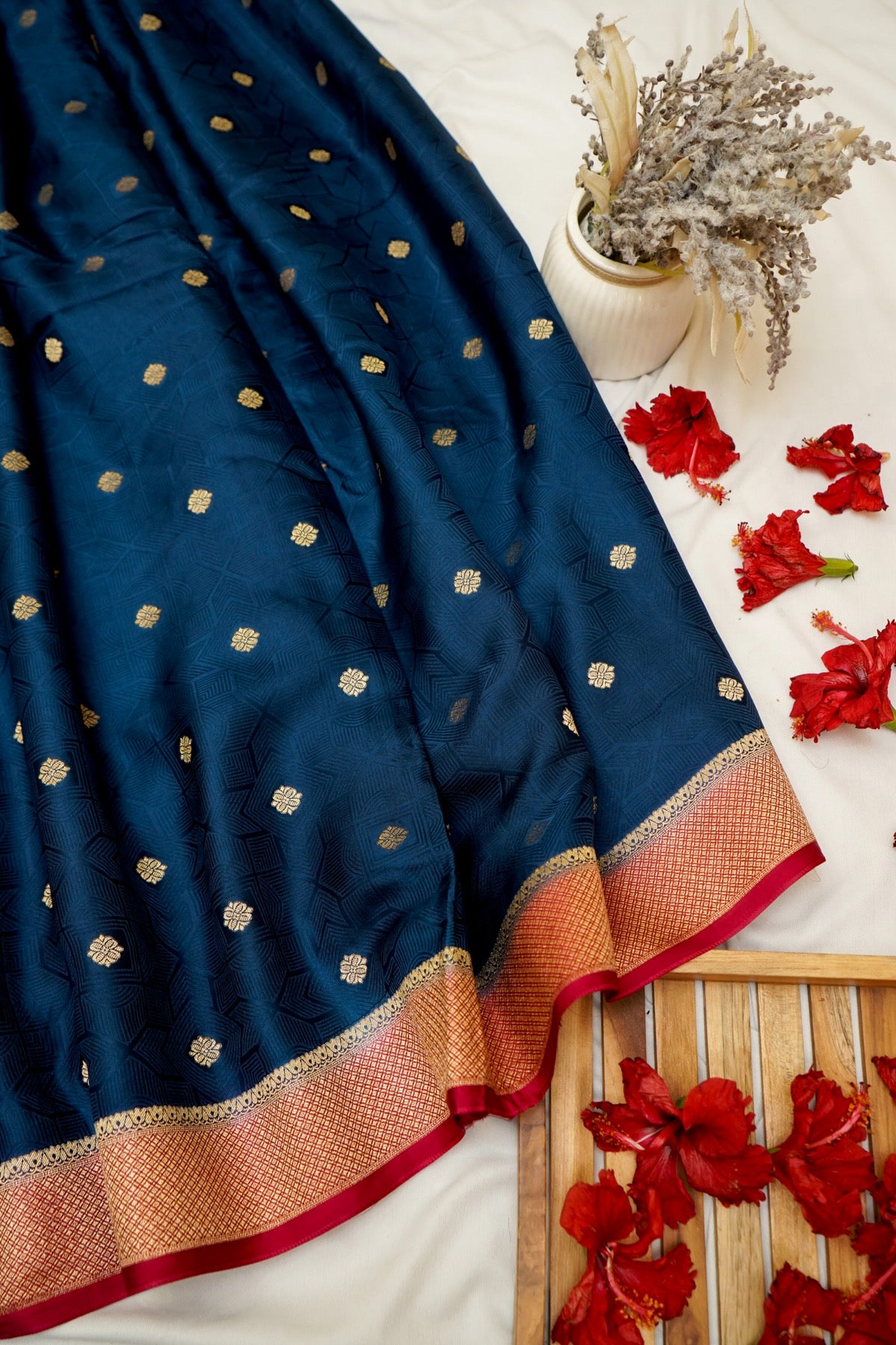 Midnight Blue Banarasi Dola Silk Saree with Gold Border and Stitched Blouse