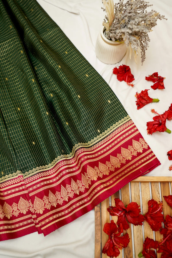Bottle Green Banarasi Dola Silk Saree with Magenta Border and Stitched Blouse