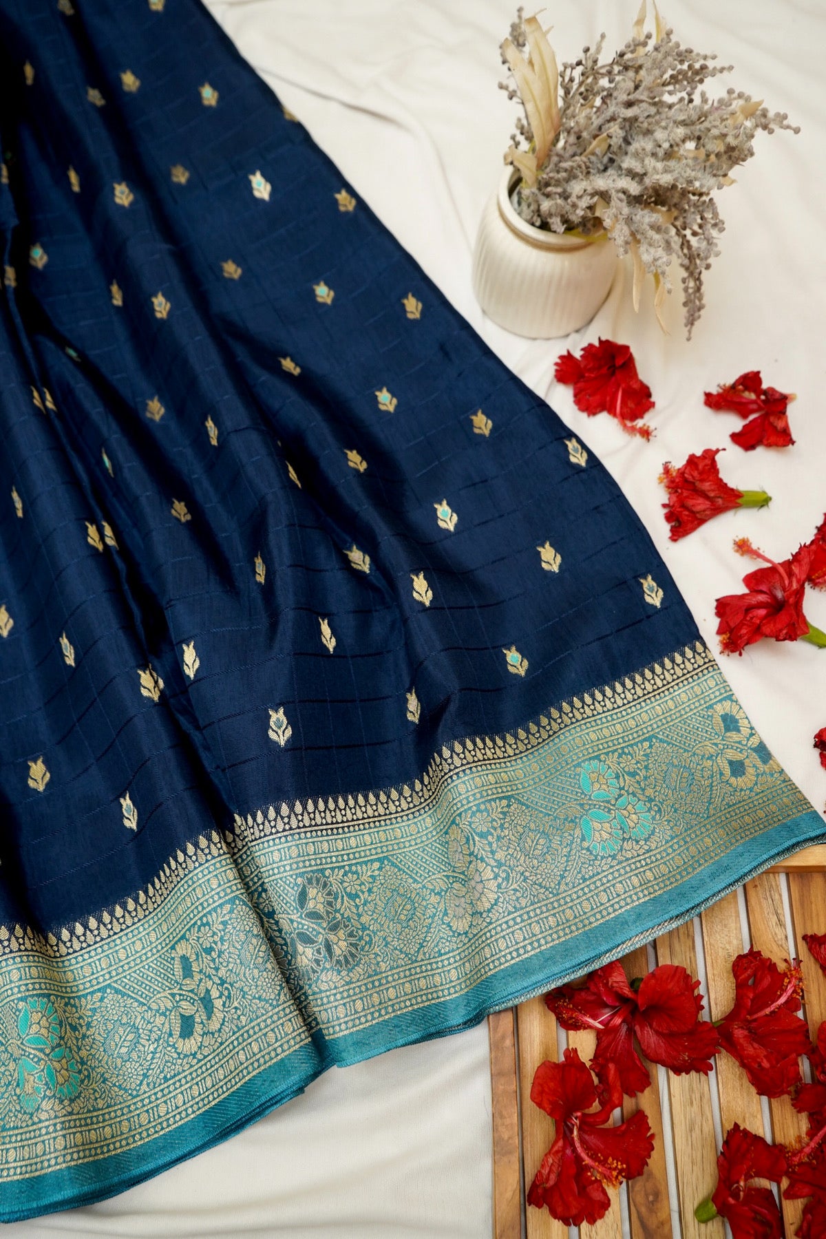 Navy Blue Banarasi Dola Silk Saree with Turquoise Floral Border and Stitched Blouse