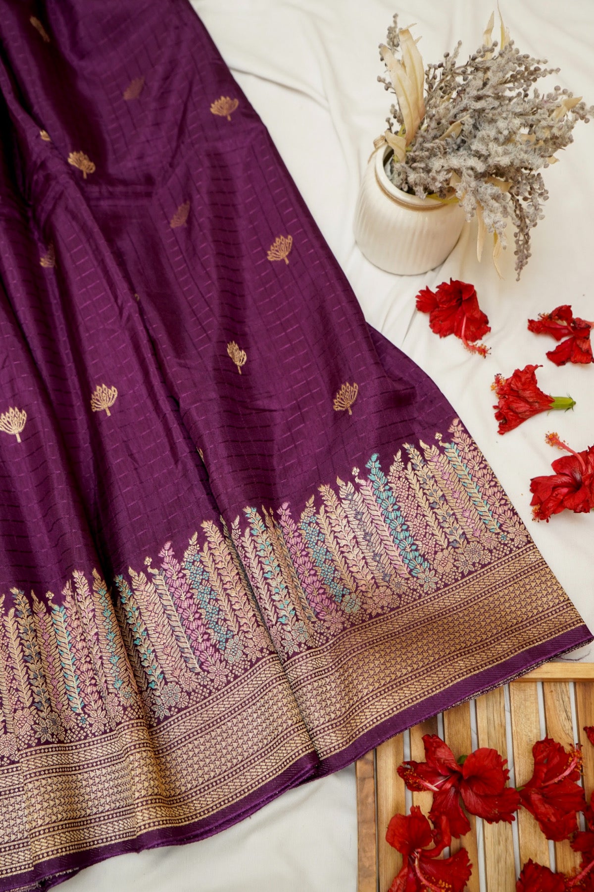 Plum Purple Dola Silk Saree with Multicolor Floral Border and Stitched Blouse