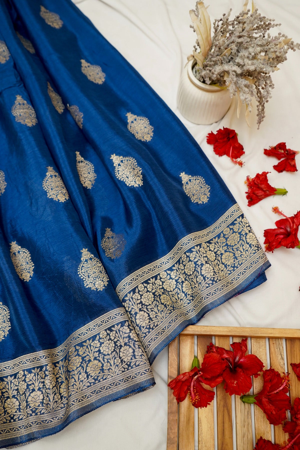 Royal Blue Floral Zari Chiffon Saree with Stitched Blouse