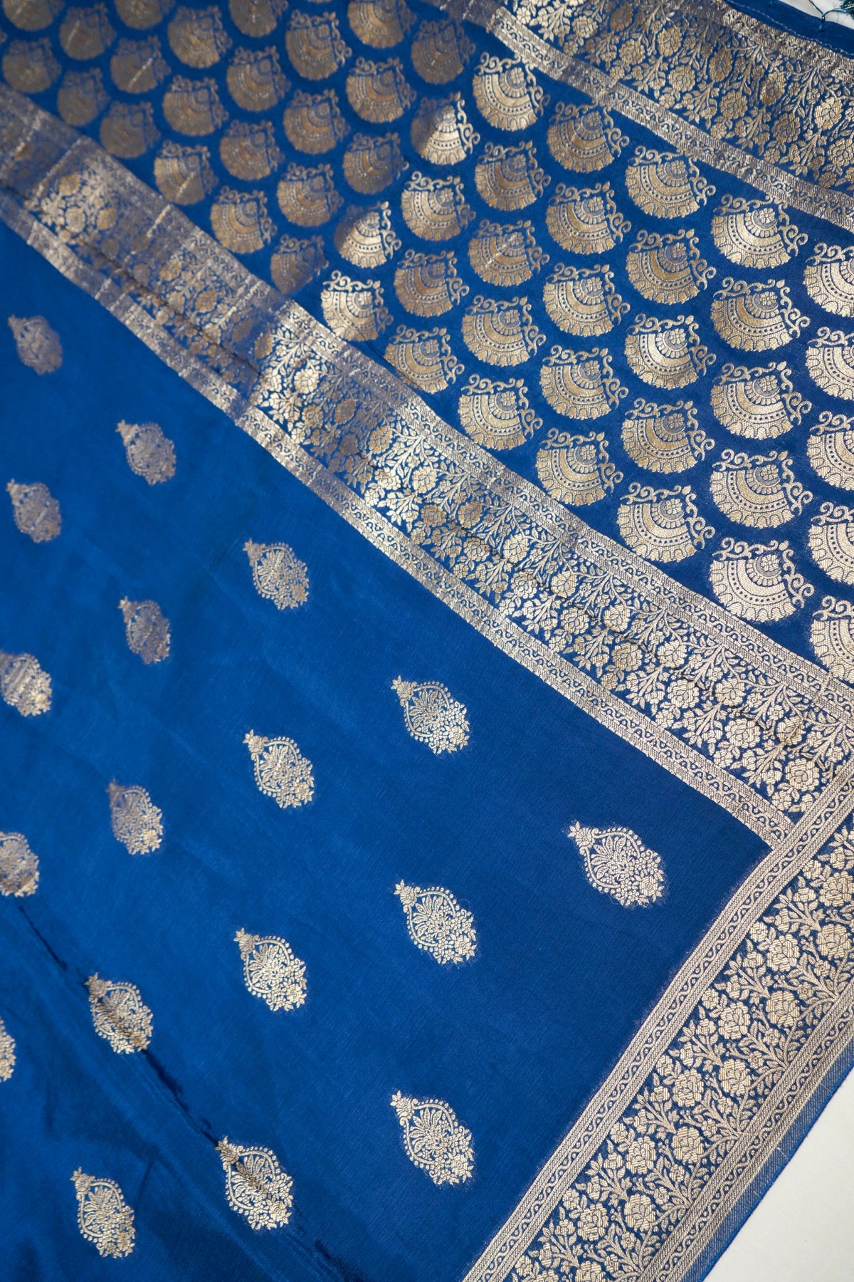 Royal Blue Floral Zari Chiffon Saree with Stitched Blouse