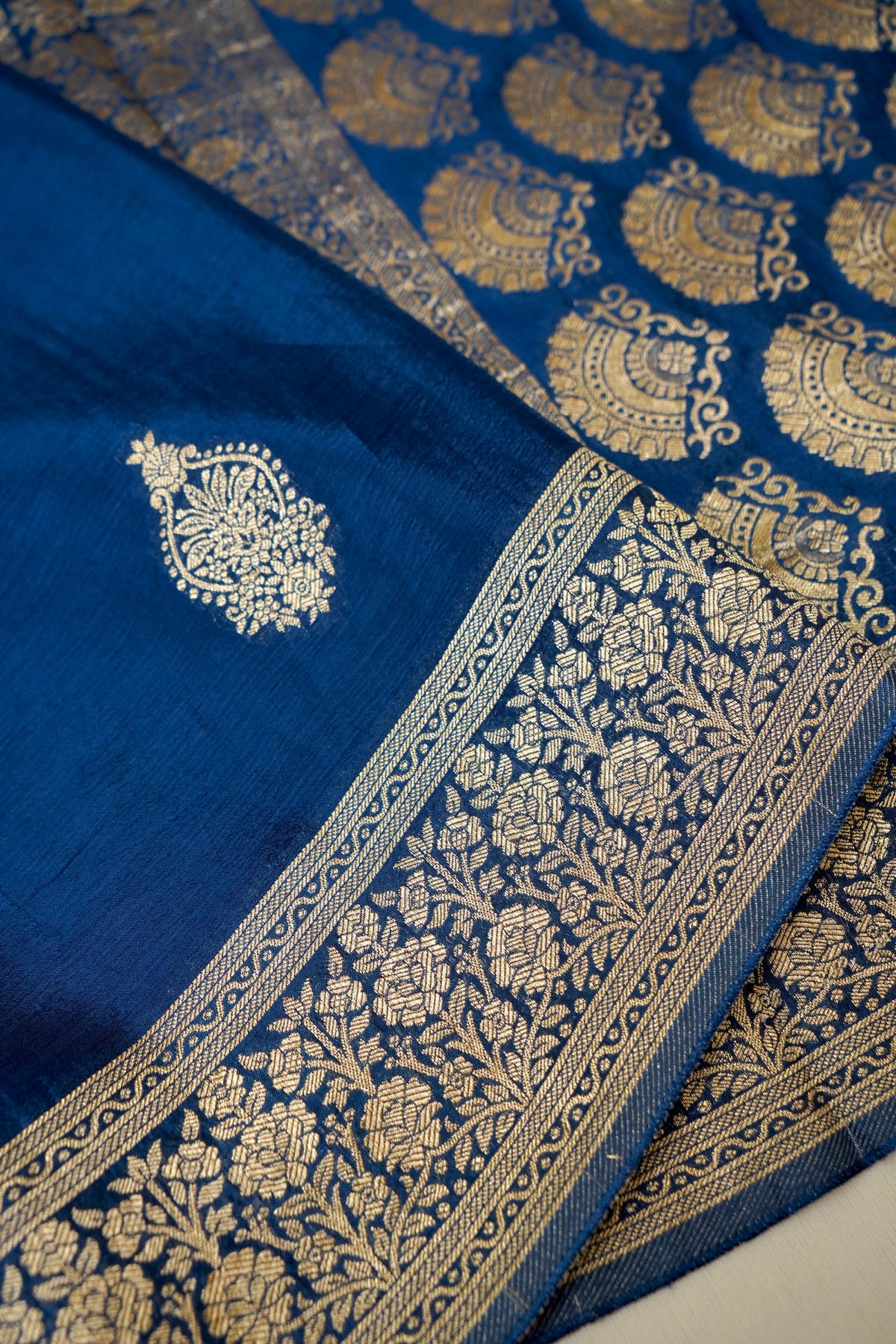 Royal Blue Floral Zari Chiffon Saree with Stitched Blouse