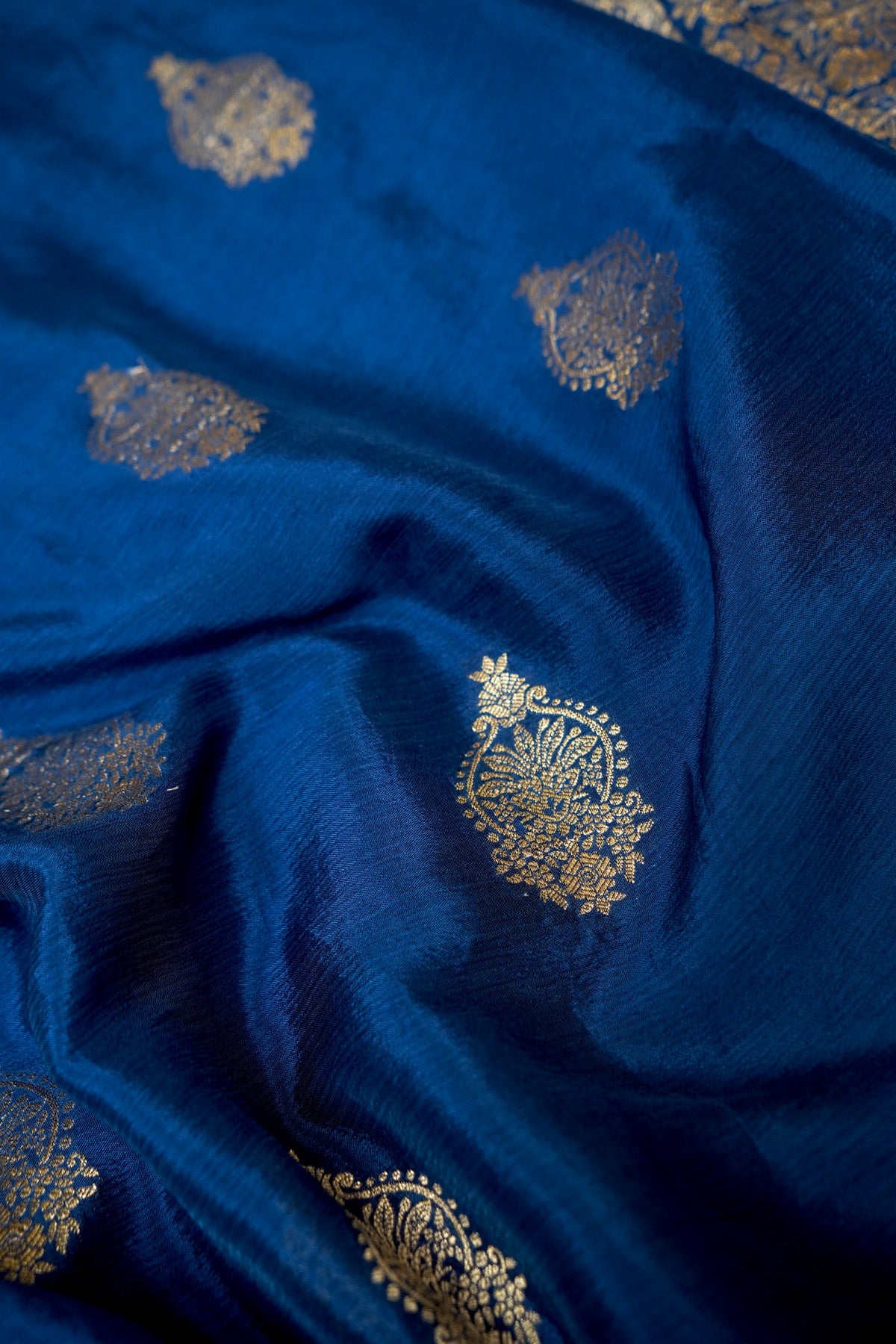 Royal Blue Floral Zari Chiffon Saree with Stitched Blouse