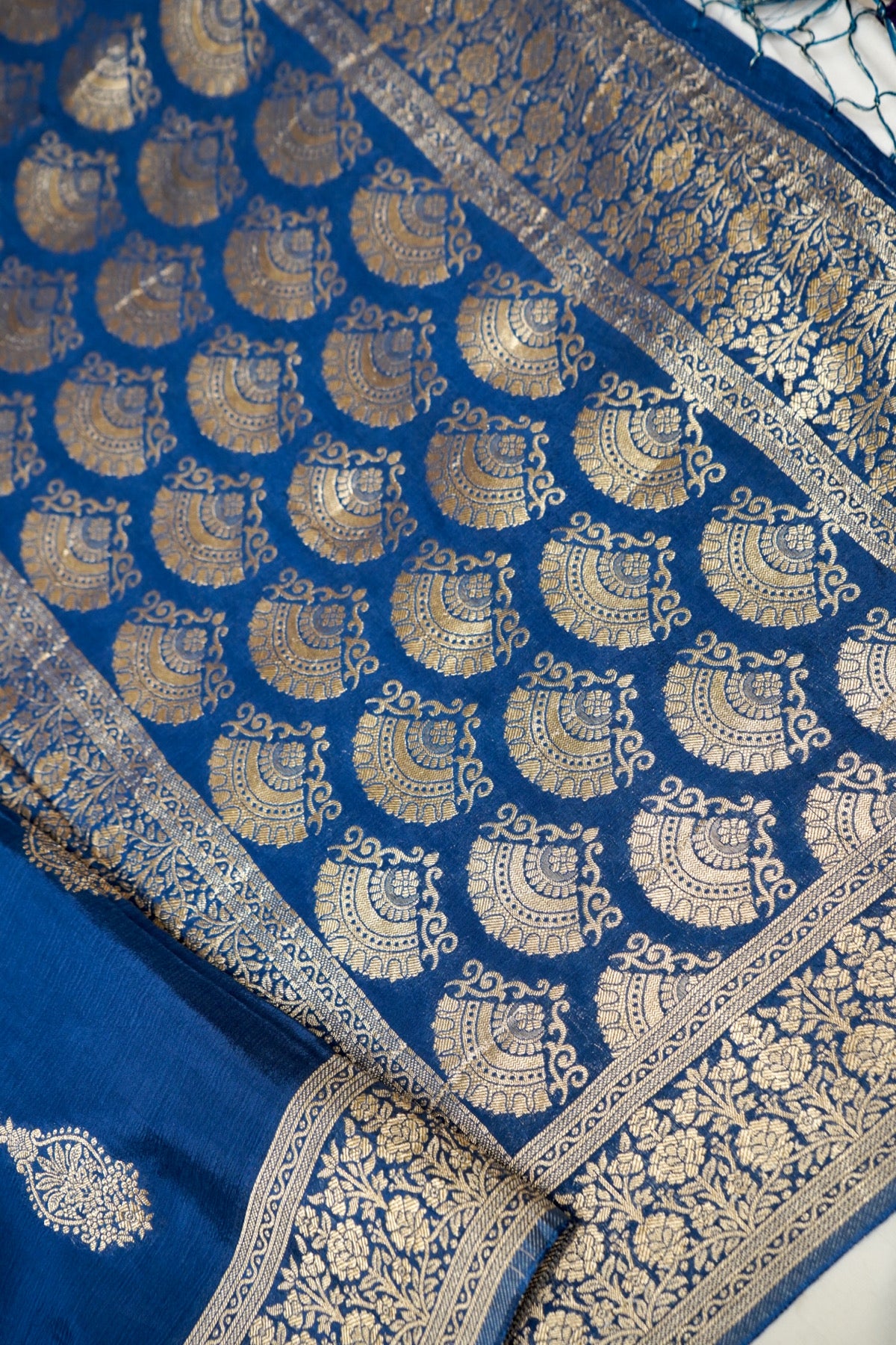 Royal Blue Floral Zari Chiffon Saree with Stitched Blouse