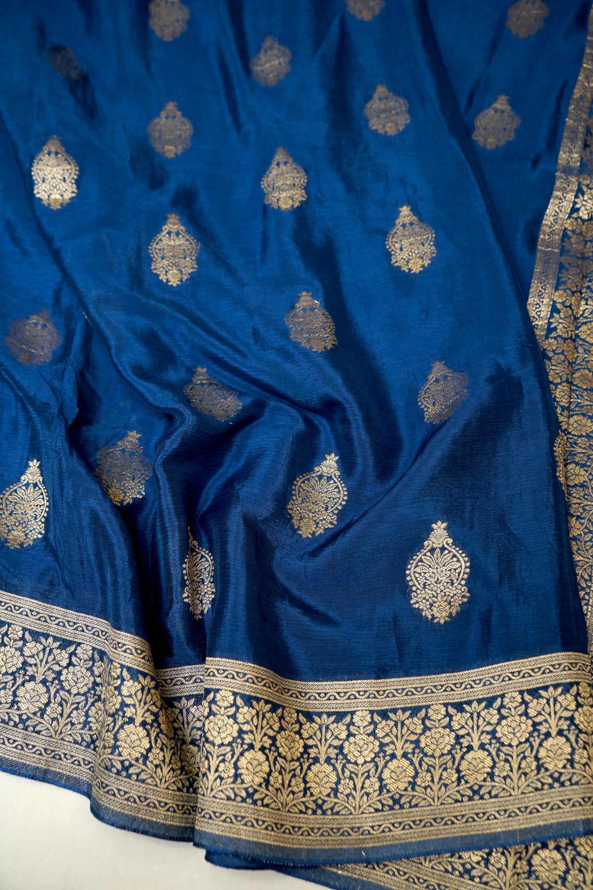Royal Blue Floral Zari Chiffon Saree with Stitched Blouse