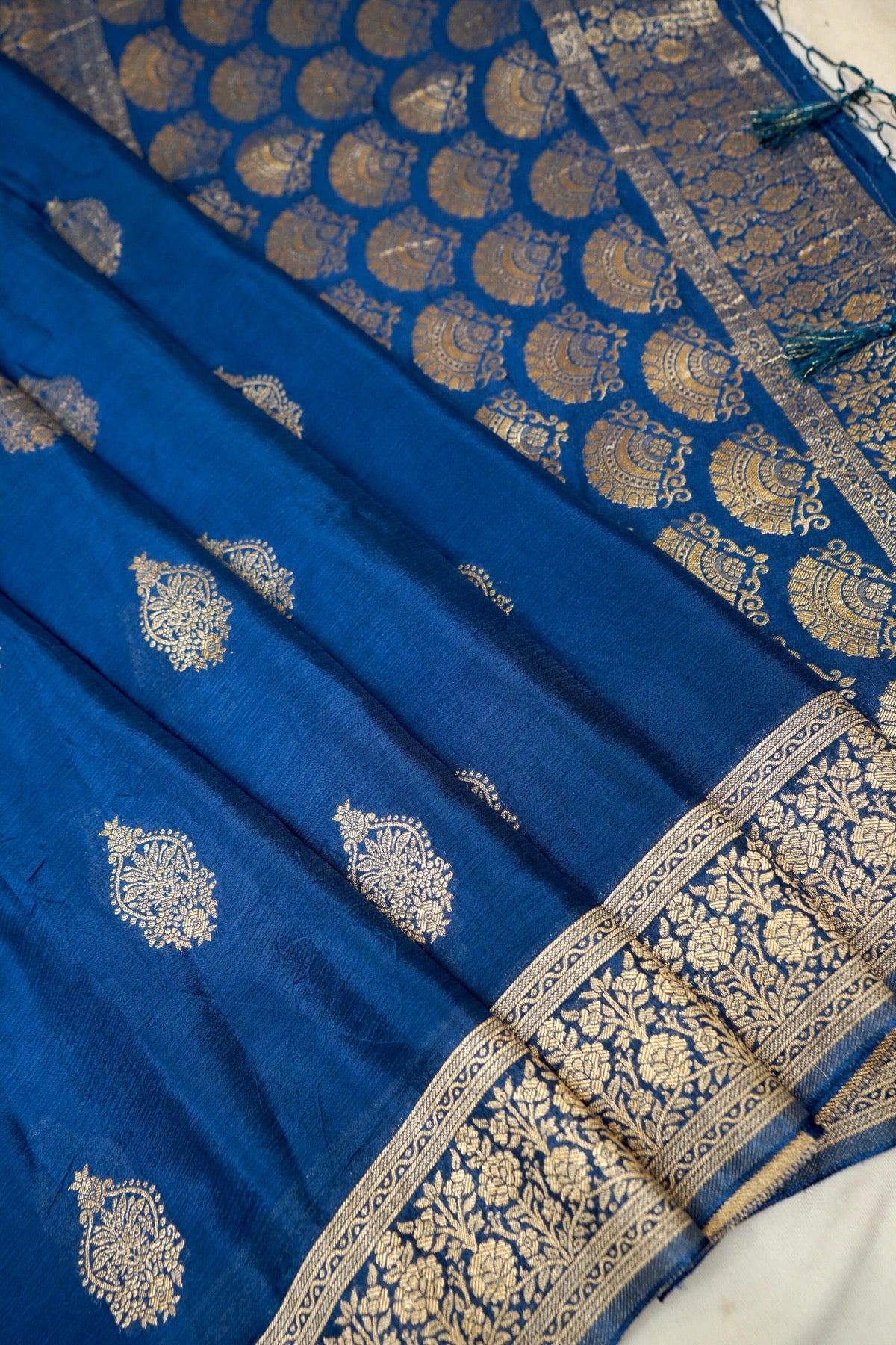 Royal Blue Floral Zari Chiffon Saree with Stitched Blouse