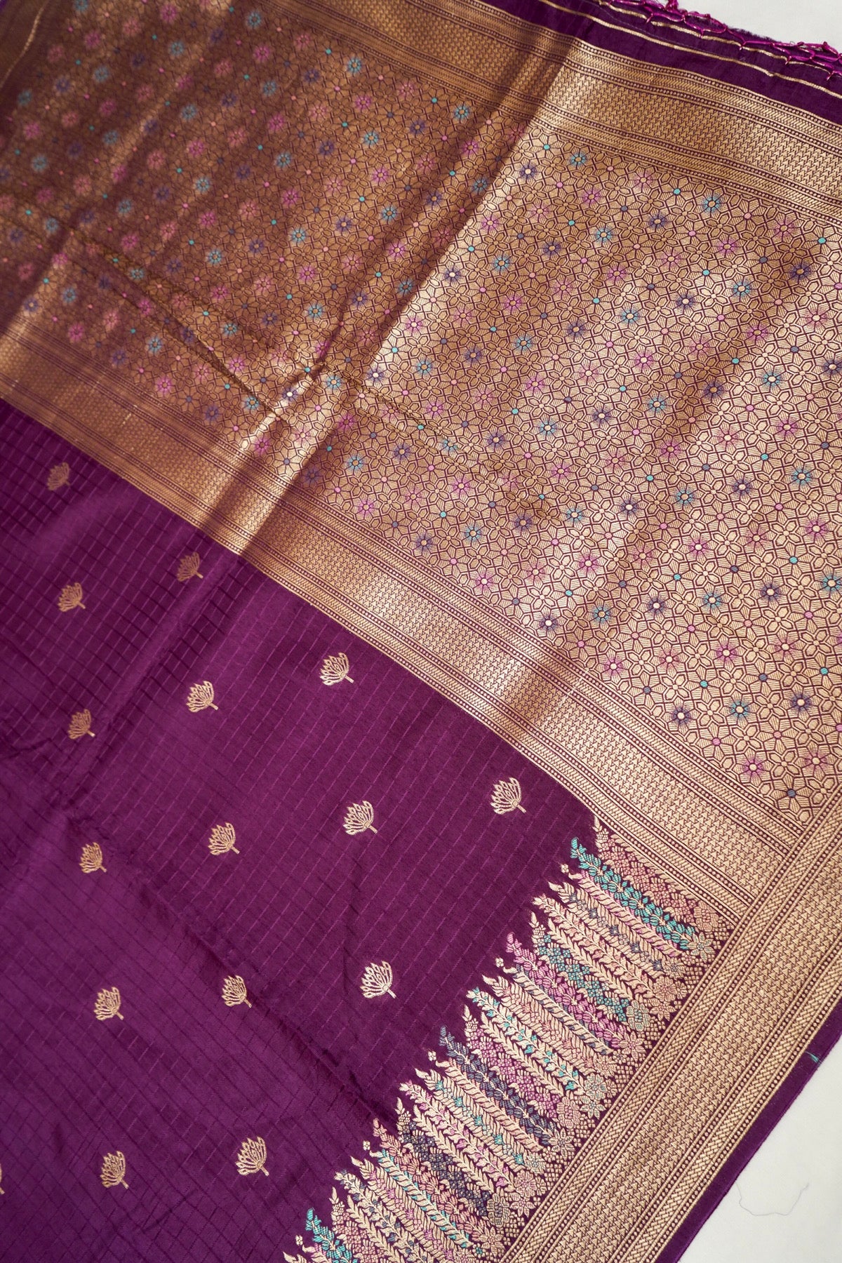 Plum Purple Dola Silk Saree with Multicolor Floral Border and Stitched Blouse