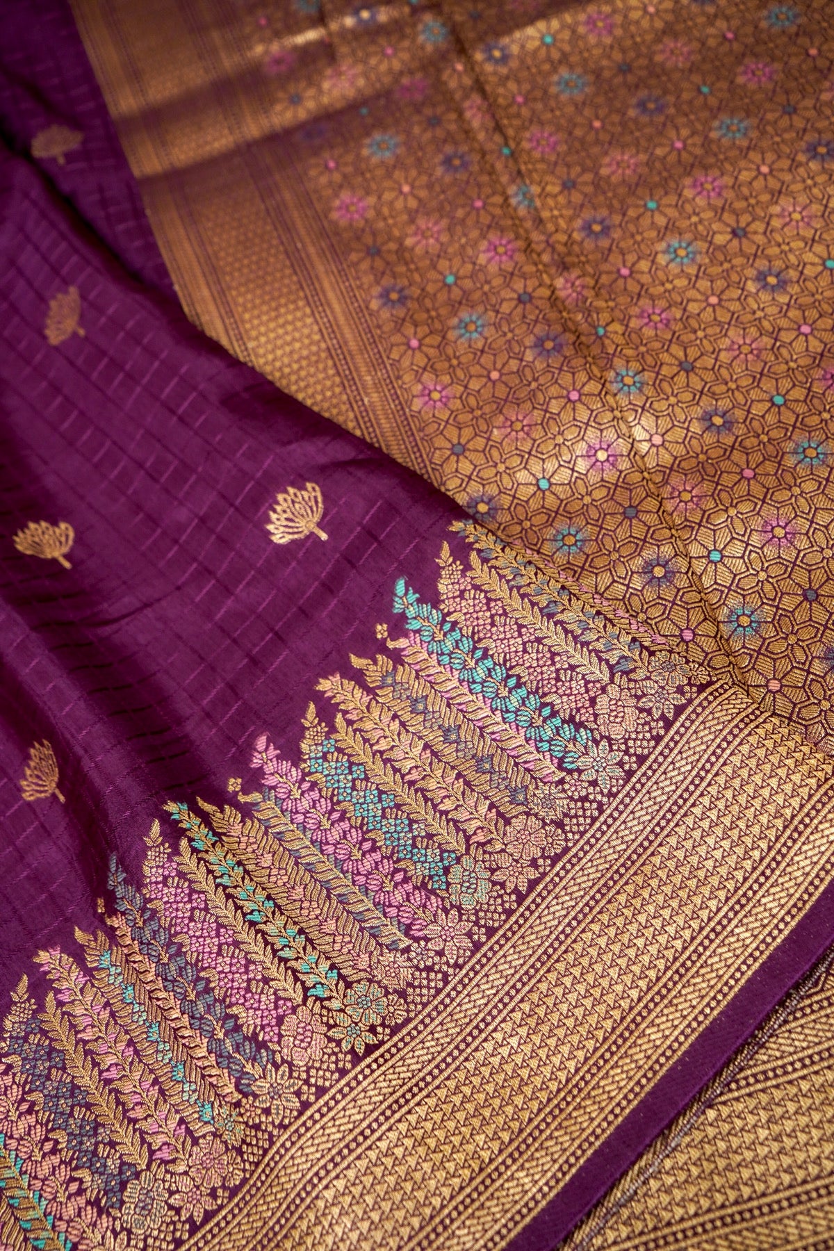 Plum Purple Dola Silk Saree with Multicolor Floral Border and Stitched Blouse