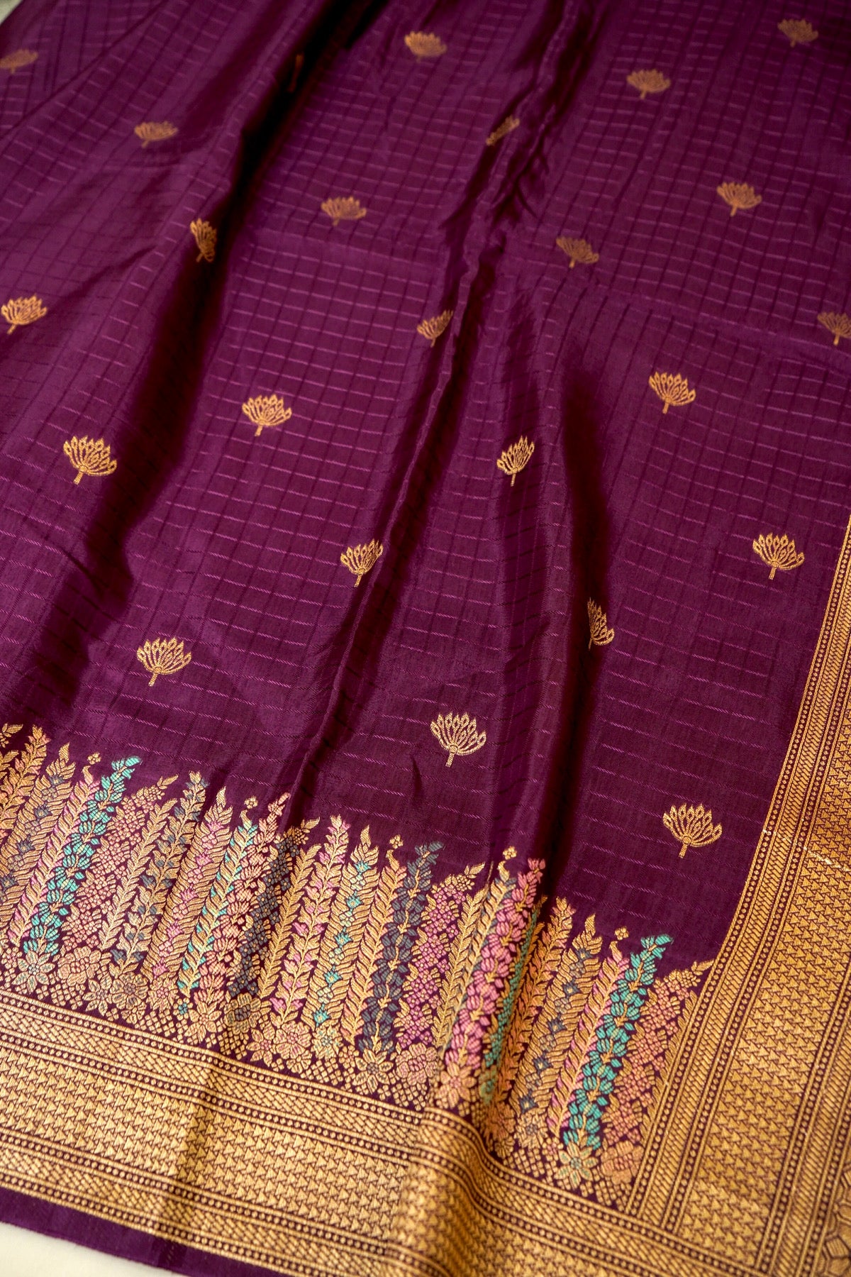 Plum Purple Dola Silk Saree with Multicolor Floral Border and Stitched Blouse
