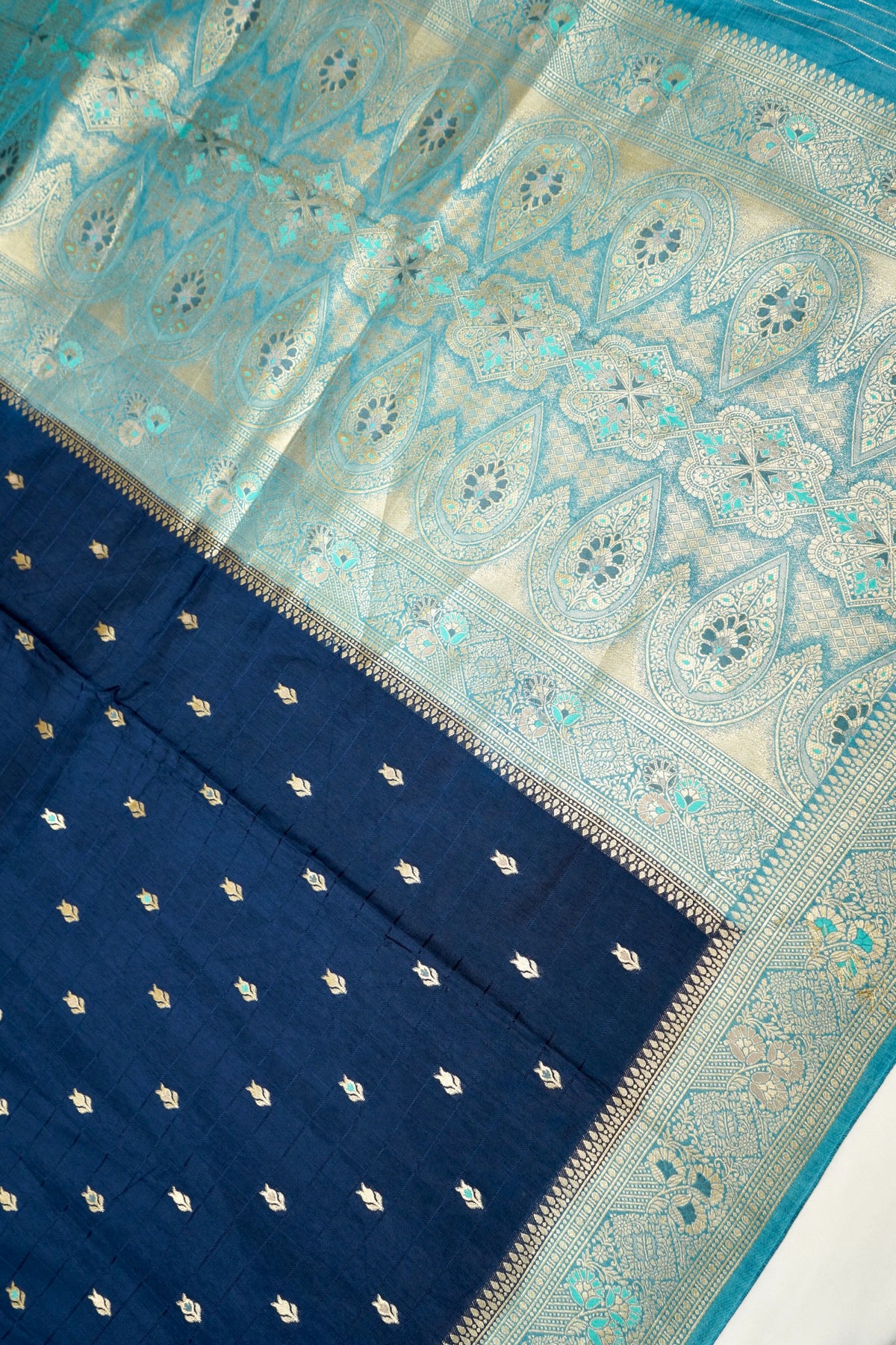 Navy Blue Banarasi Dola Silk Saree with Turquoise Floral Border and Stitched Blouse