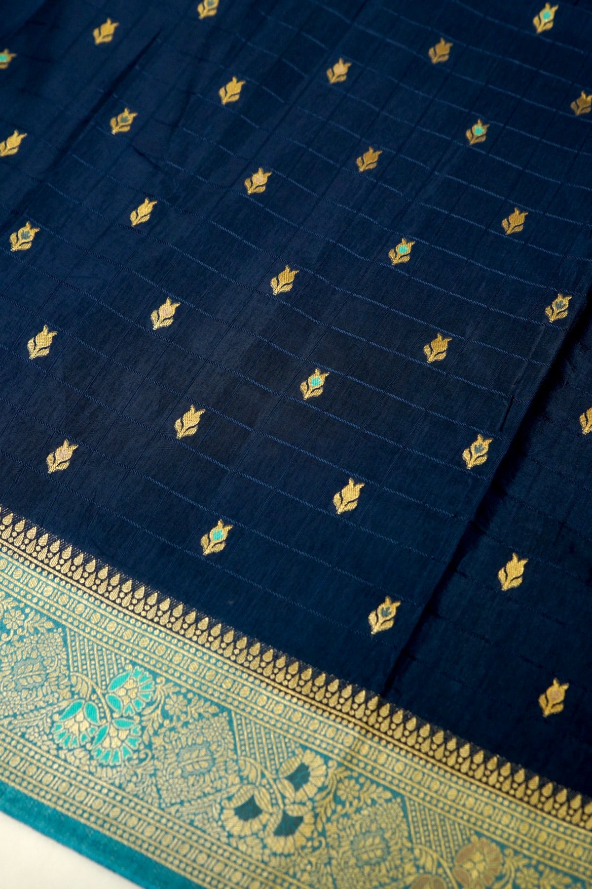 Navy Blue Banarasi Dola Silk Saree with Turquoise Floral Border and Stitched Blouse