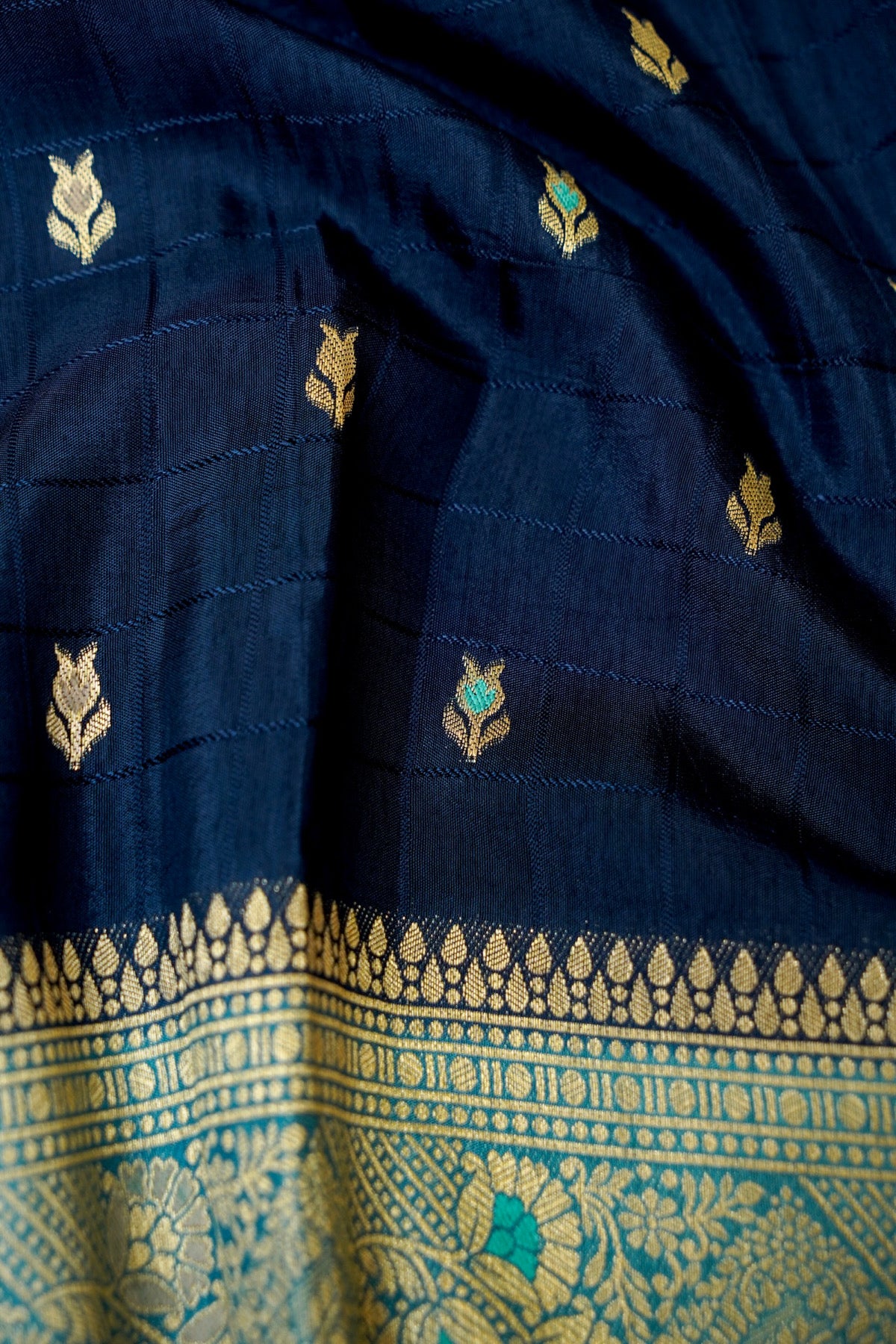 Navy Blue Banarasi Dola Silk Saree with Turquoise Floral Border and Stitched Blouse
