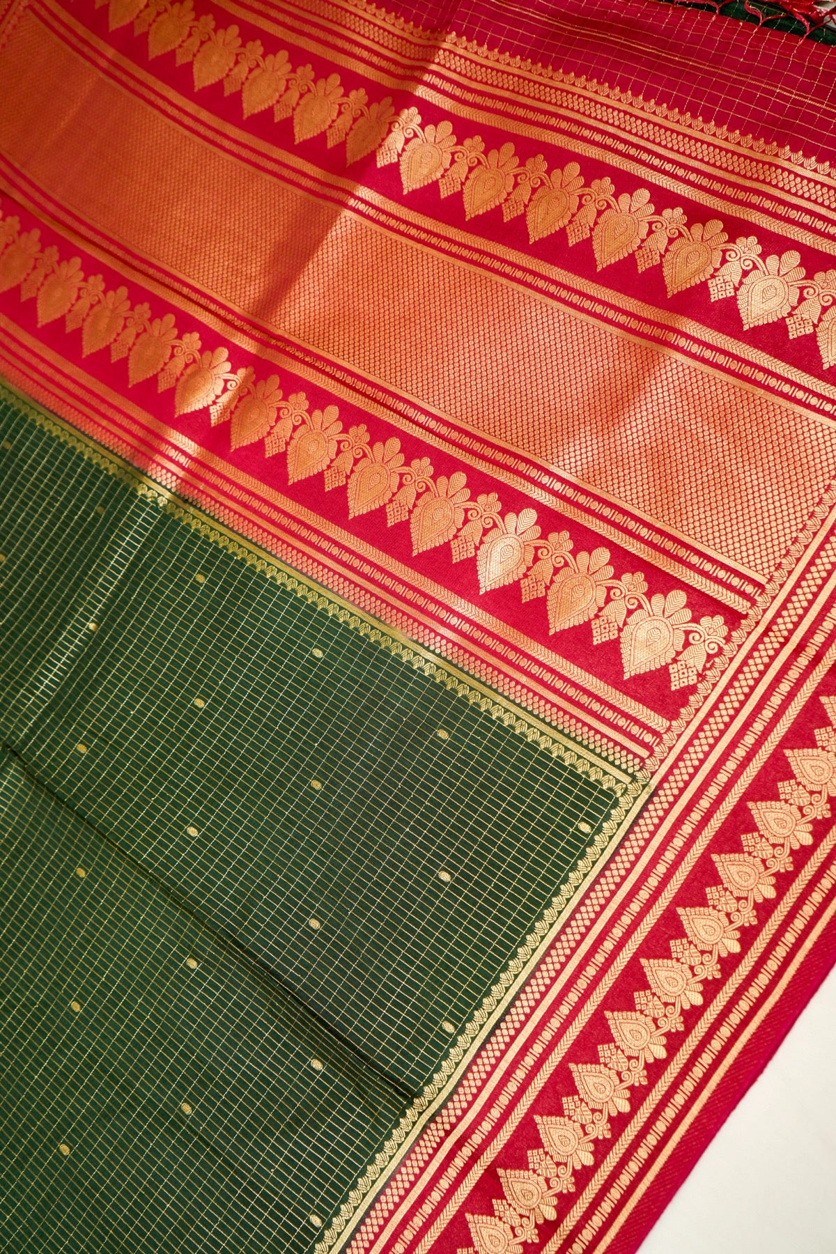 Bottle Green Banarasi Dola Silk Saree with Magenta Border and Stitched Blouse