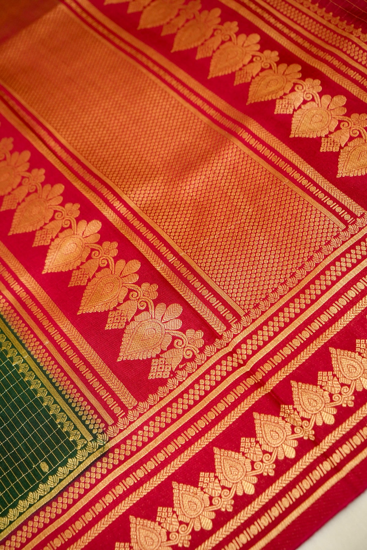 Bottle Green Banarasi Dola Silk Saree with Magenta Border and Stitched Blouse