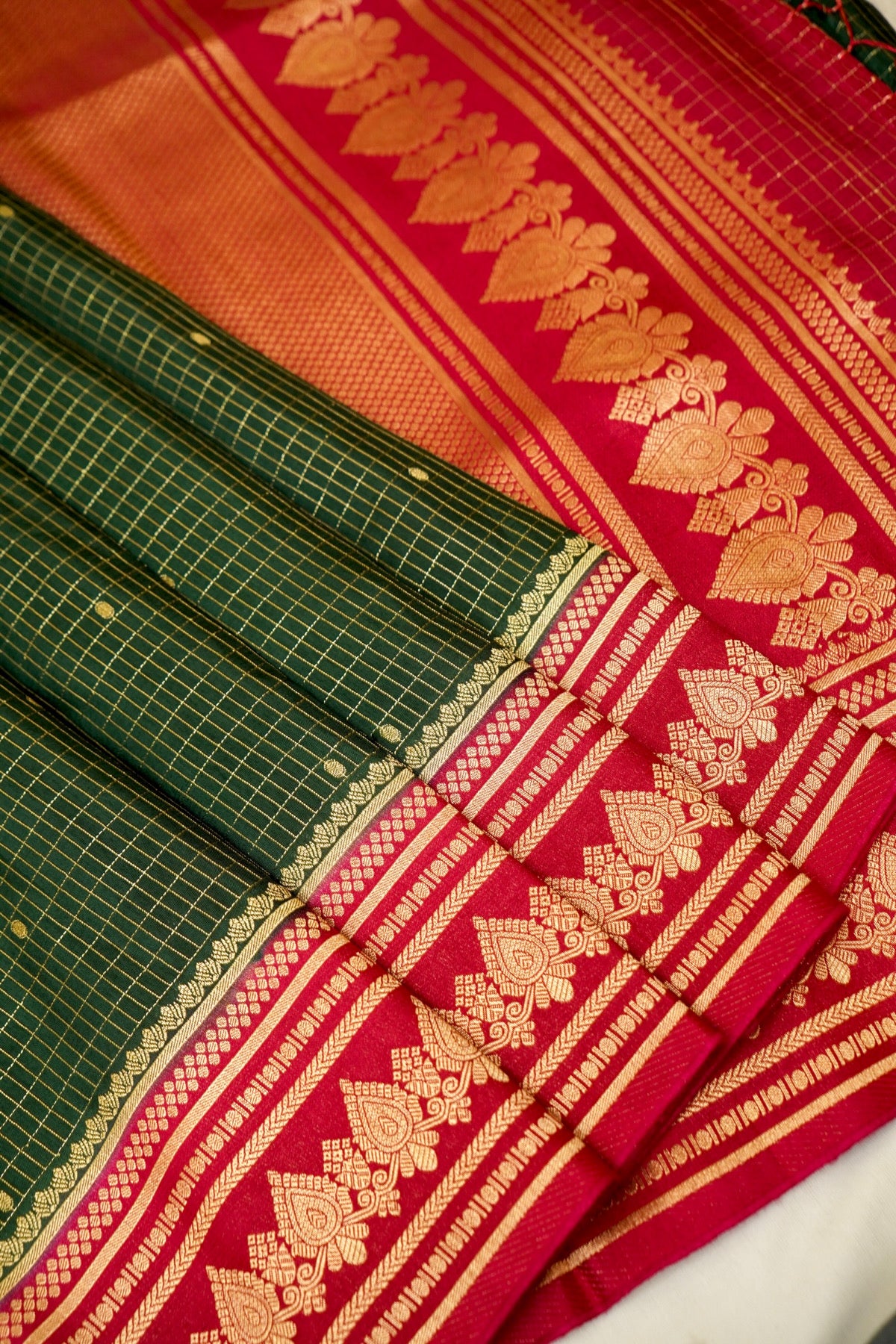 Bottle Green Banarasi Dola Silk Saree with Magenta Border and Stitched Blouse