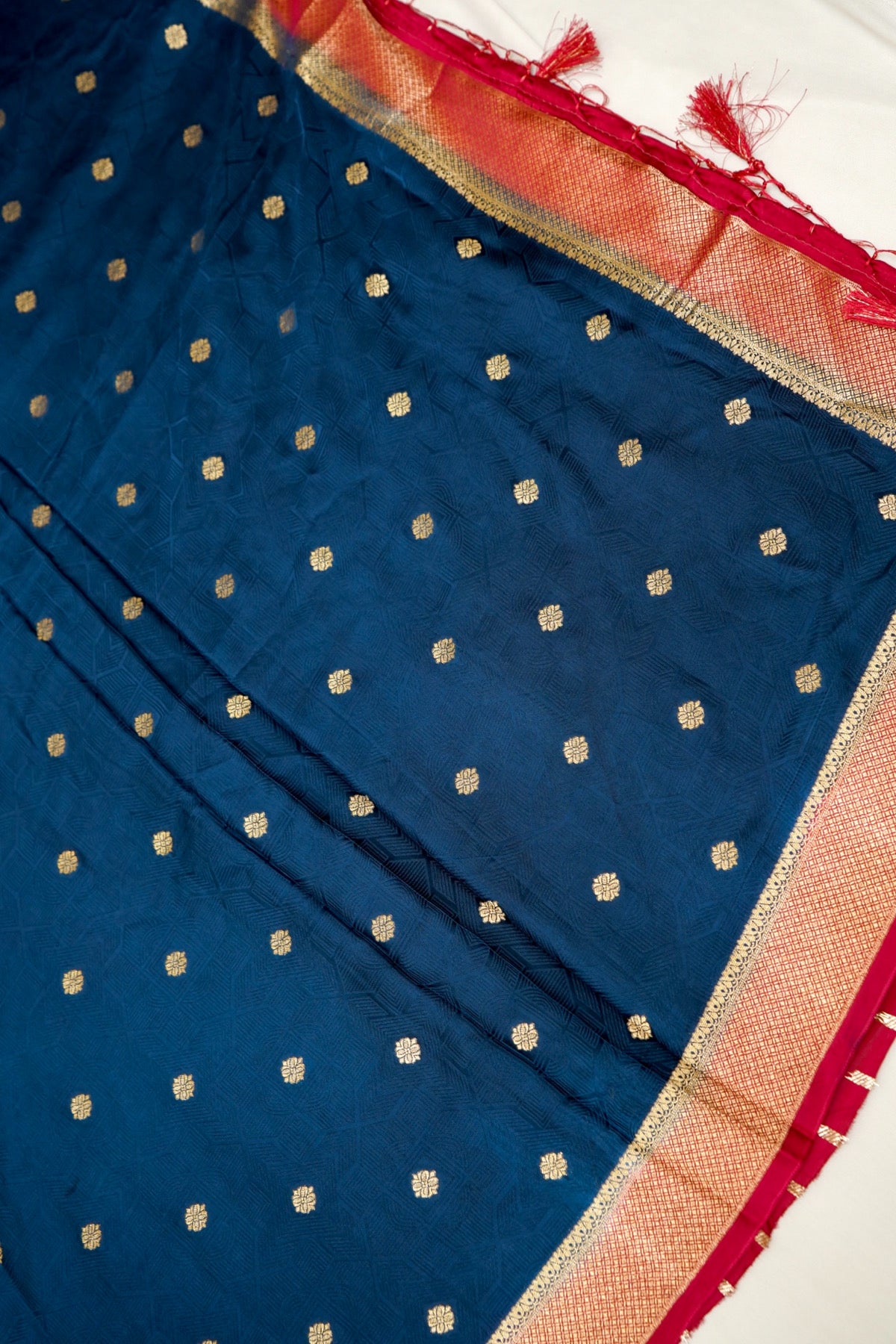 Midnight Blue Banarasi Dola Silk Saree with Gold Border and Stitched Blouse