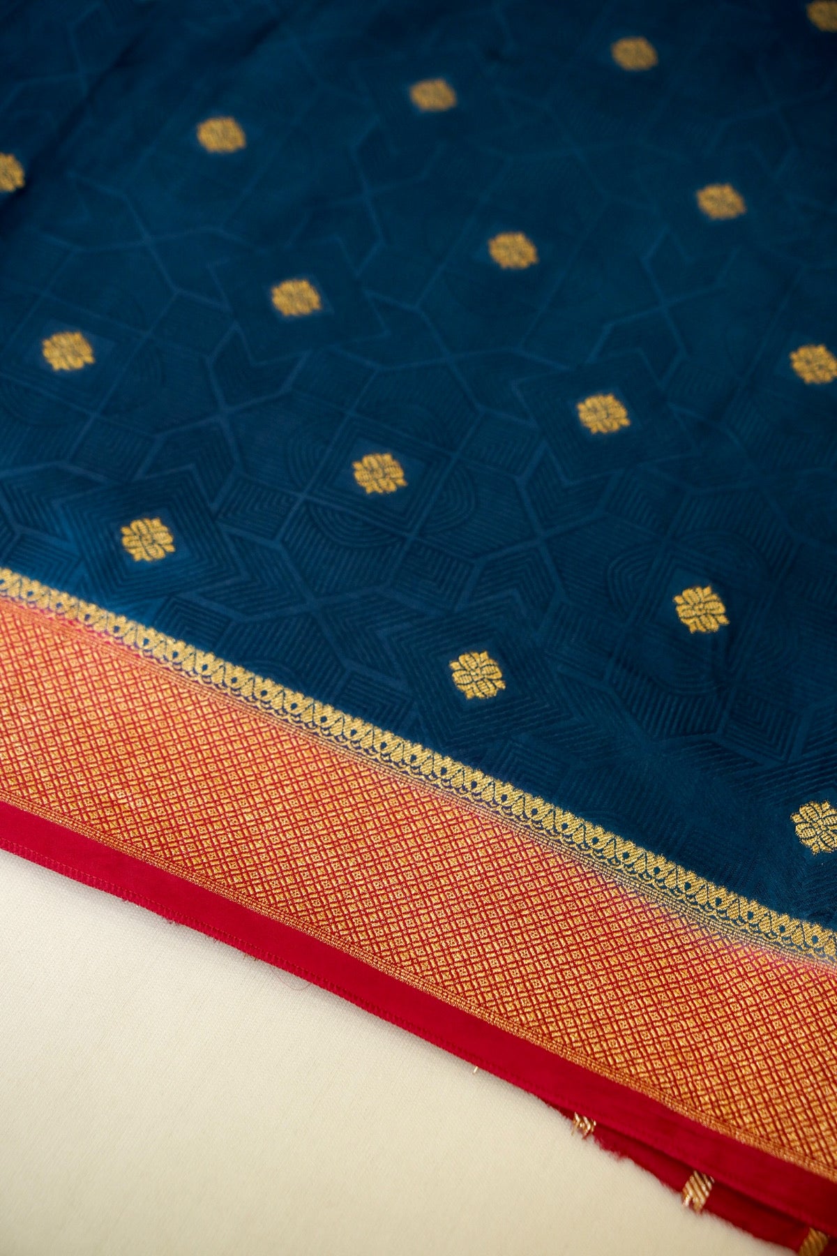 Midnight Blue Banarasi Dola Silk Saree with Gold Border and Stitched Blouse
