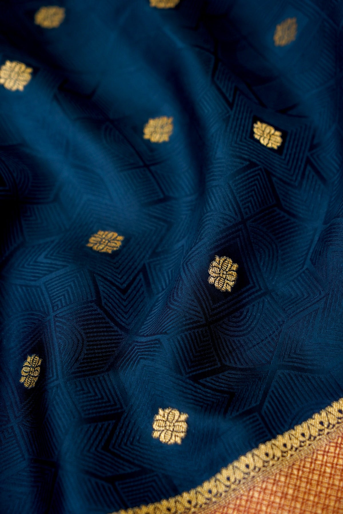 Midnight Blue Banarasi Dola Silk Saree with Gold Border and Stitched Blouse
