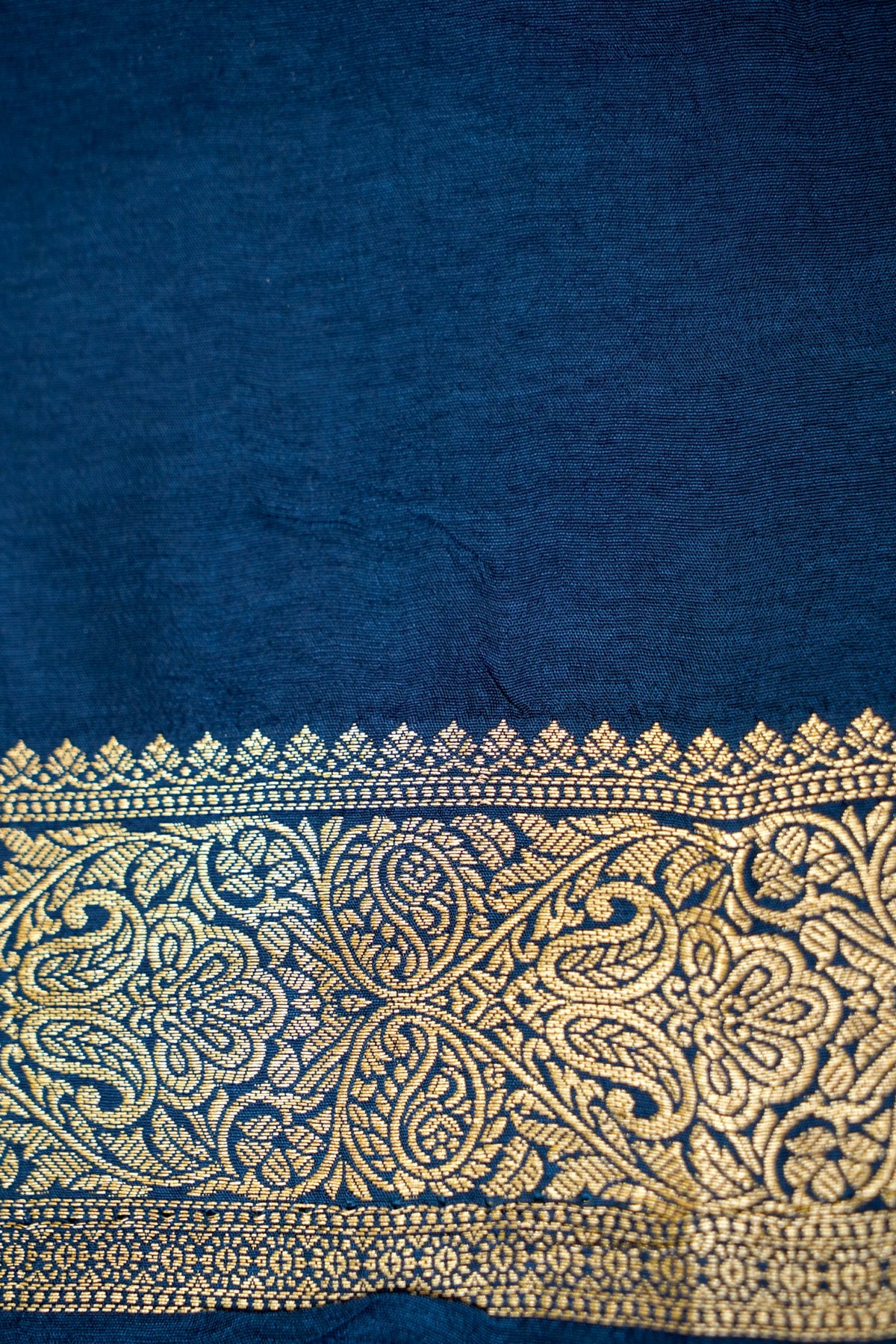 Midnight Blue Banarasi Dola Silk Saree with Gold Border and Stitched Blouse