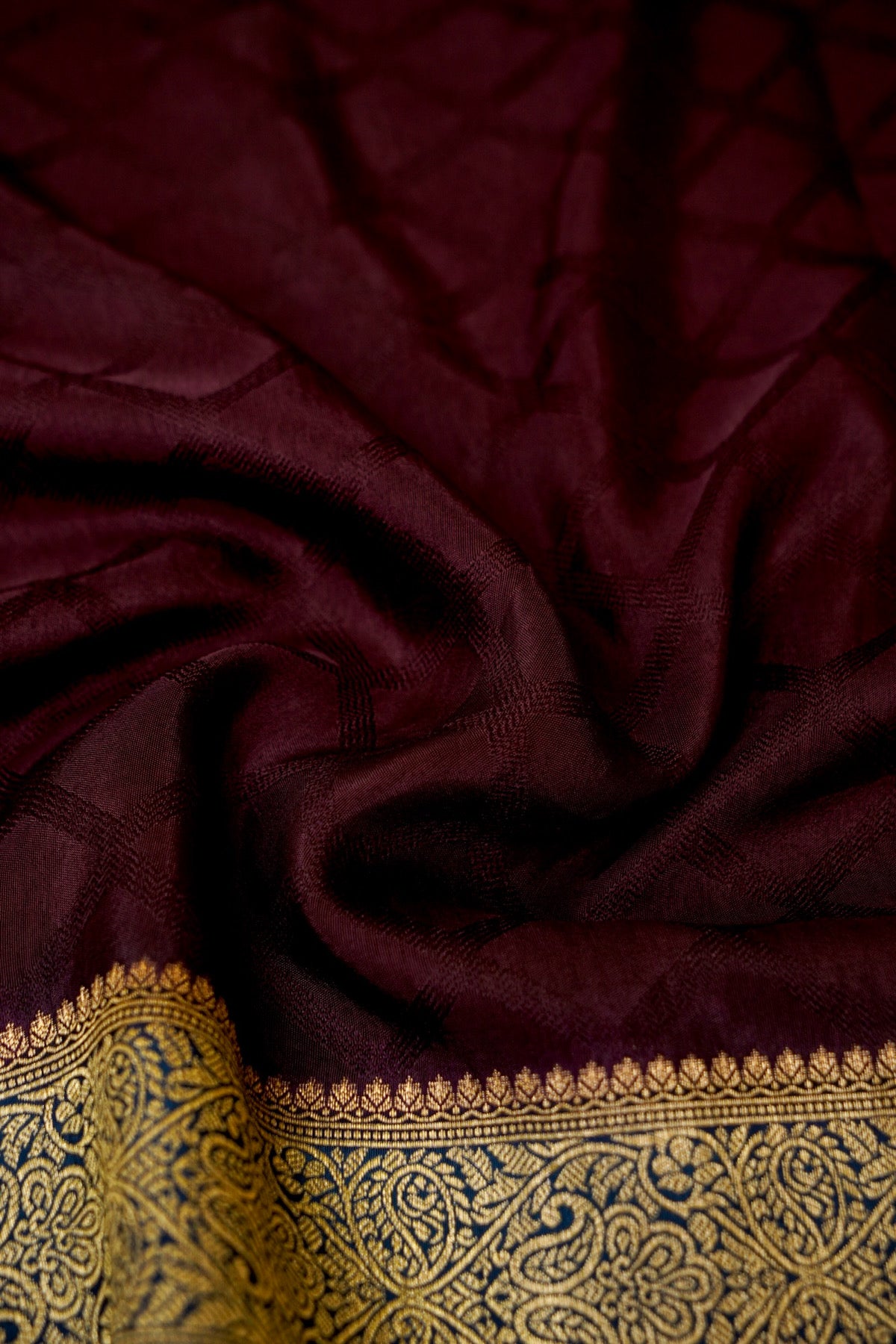 Wine Purple Banarasi Dola Silk Saree with Gold Border and Stitched Blouse