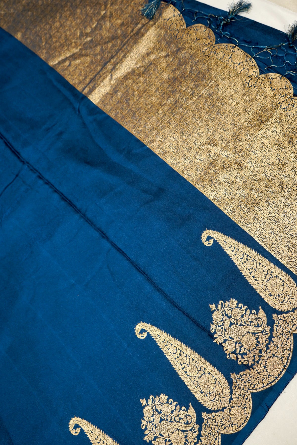Deep Navy Blue Banarasi Dola Silk Saree with Gold Paisley Border and Stitched Blouse