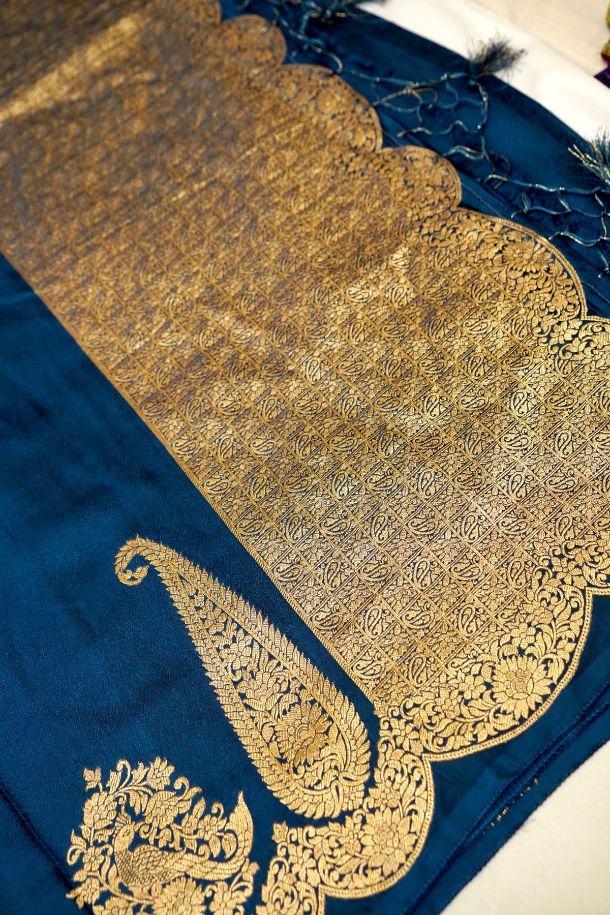 Deep Navy Blue Banarasi Dola Silk Saree with Gold Paisley Border and Stitched Blouse