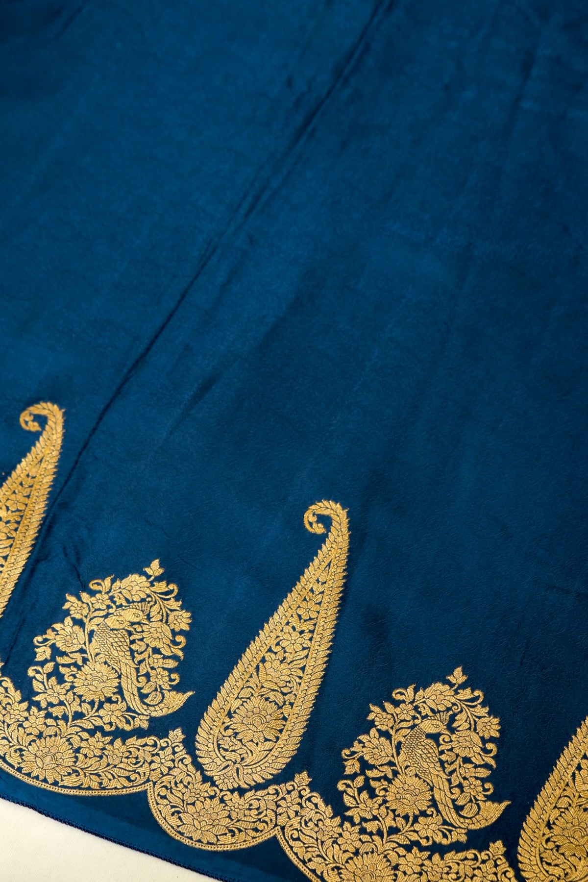 Deep Navy Blue Banarasi Dola Silk Saree with Gold Paisley Border and Stitched Blouse