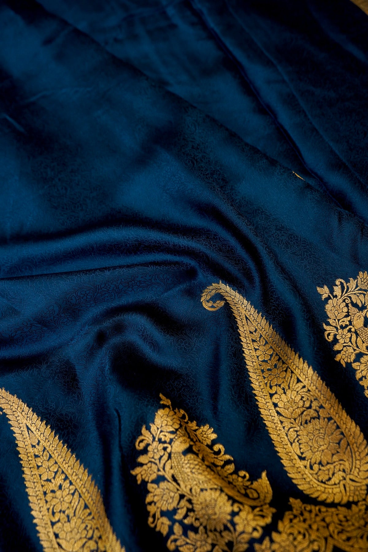 Deep Navy Blue Banarasi Dola Silk Saree with Gold Paisley Border and Stitched Blouse