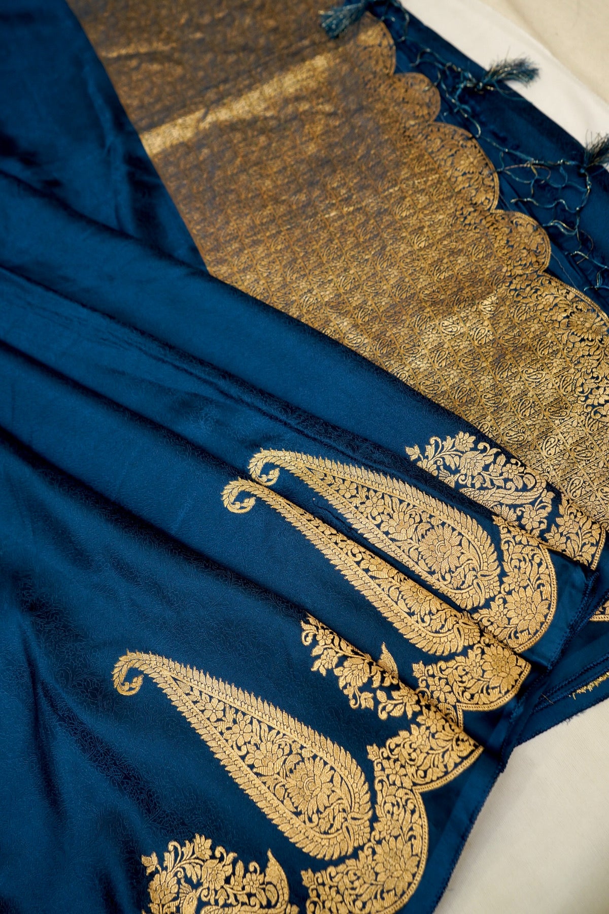 Deep Navy Blue Banarasi Dola Silk Saree with Gold Paisley Border and Stitched Blouse